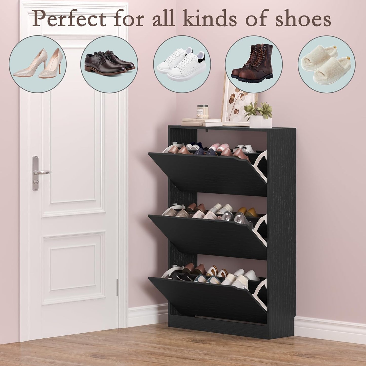 Shoe Storage Cabinet with 3 Flip Drawers,Narrow Shoe Rack Cabinet,Freestanding Organizer Storage for Entryway, Hallway, Black