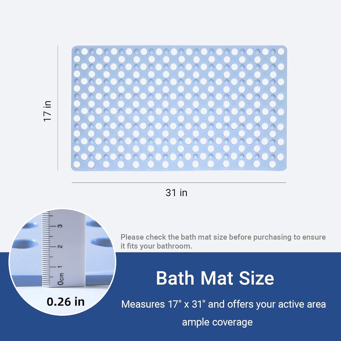 Non Slip Bathtub Mat and Shower Mat 31x17 inch,Bath Mat with Quick Dry Drain Holes and Suction Cups, Soft Comfortable Safe Bathroom Mat for Bath Tub, Floor, Tile (Light Blue)