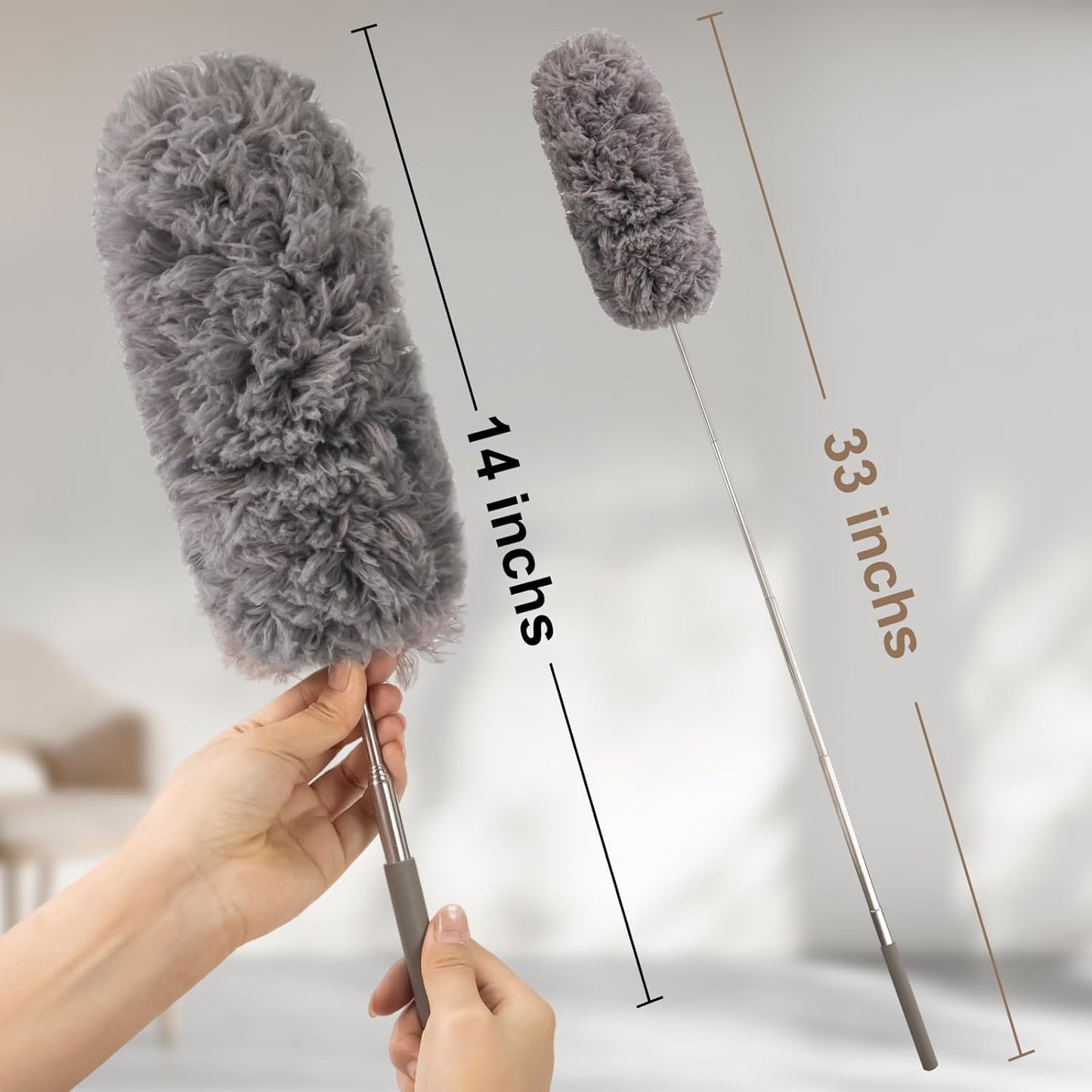 Microfiber Feather Duster Extendable Duster with 14"-33" Extra Stainless Steel Pole, Bendable Head & Long Handle Dusters for Cleaning Ceiling Fan,Ceiling, Blinds, Furniture & Cars Gray