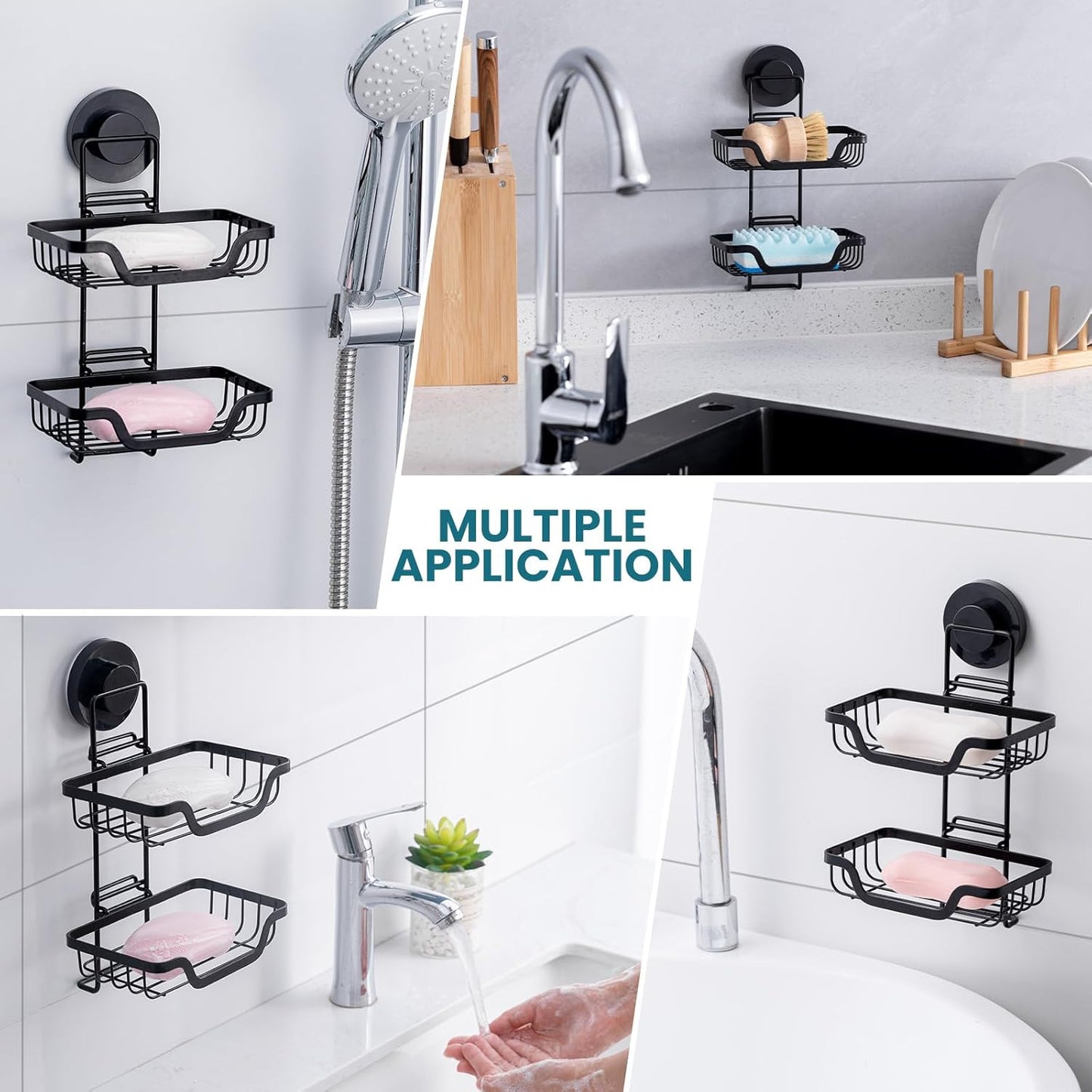 TAILI Double Layer Soap Dish Holder, Bar Soap Tray Suction Cup for Shower Wall, Draining for Bathroom, Rustproof Stainless Steel Sponge Holder for Tub, Kitchen, Drill-Free, Black