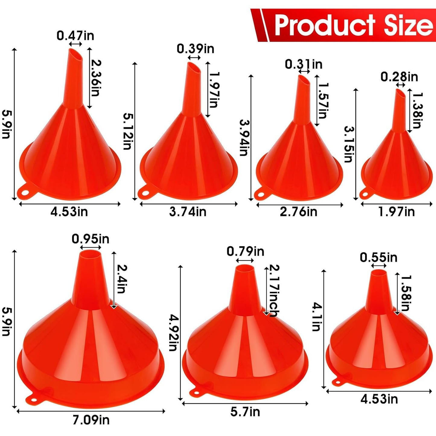 DEDC Oil Funnels Plastic Set for Car Automotive Kitchen Mini Small Large Red (7 PCS Oil Funnels)