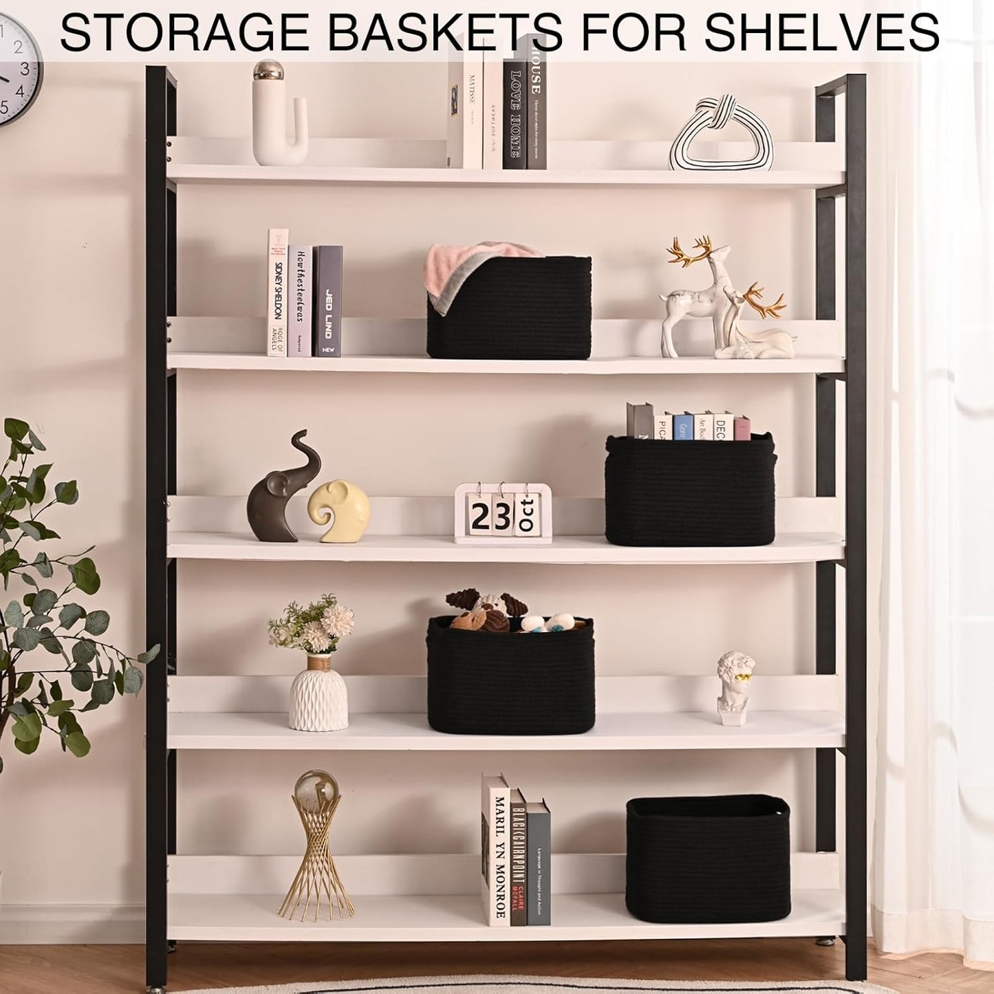 Small Storage Baskets for Organizing Shelves, Cotton Rope Basket for Storage, Cute Rectangular Book Toy Bins, 12.7"×9.1"×7.9", 4 Packs, Black