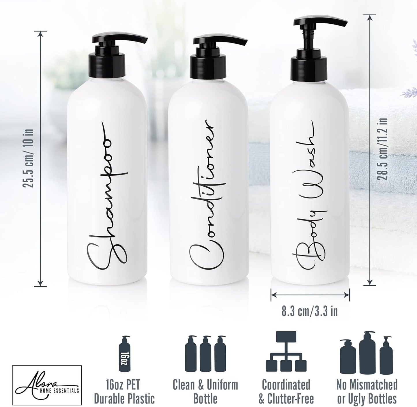 Alora 32oz Reusable Shampoo and Conditioner Bottles - Set of 3 - Easy to Read Labels - Pump Bottle Dispenser for Shampoo, Conditioner, Body Wash - Empty Plastic Refillable Containers for Shower