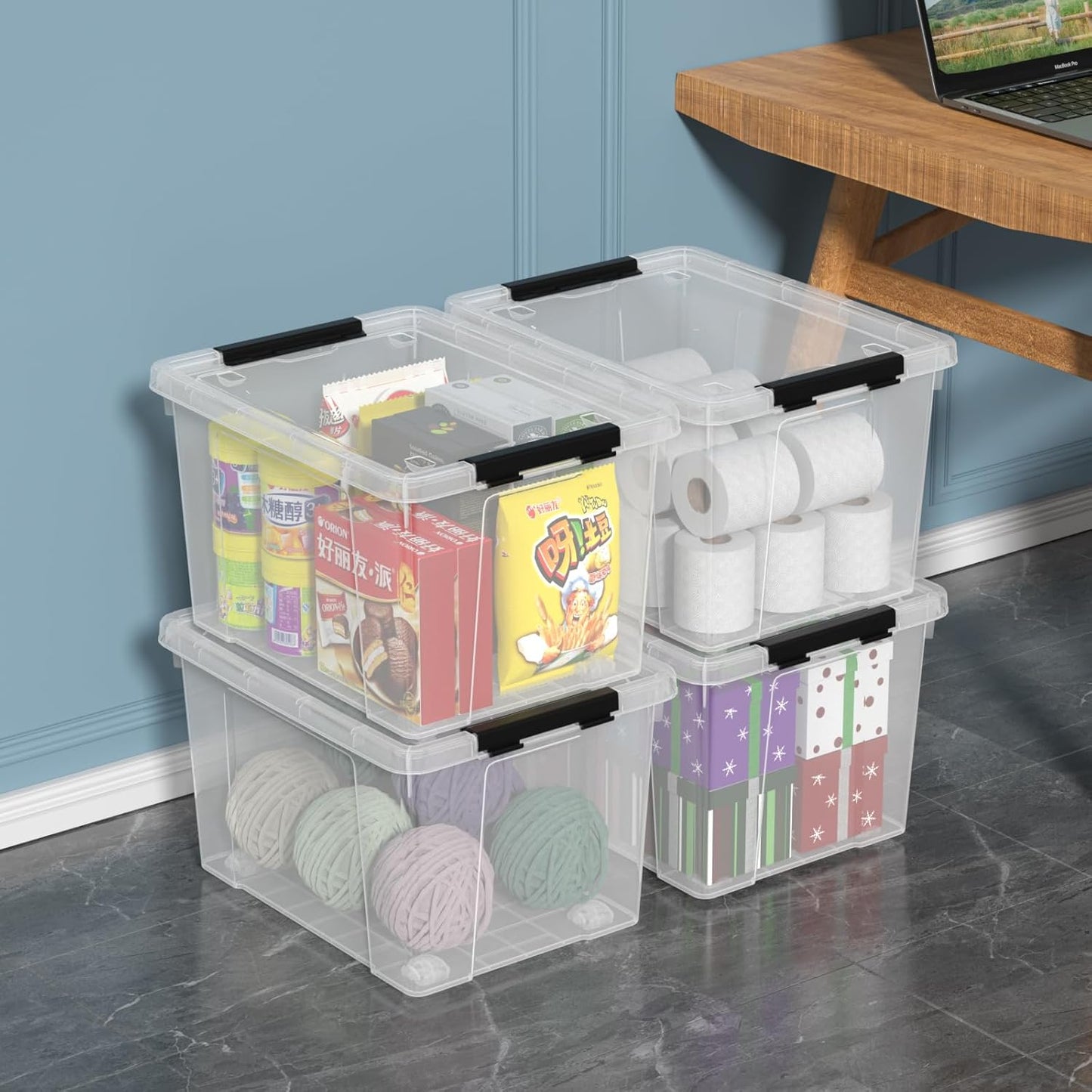 4 Pack 22 Quart Latch Box, Clear Home Organization Containers Bin with Lid, Buckle Up Storage Box Set