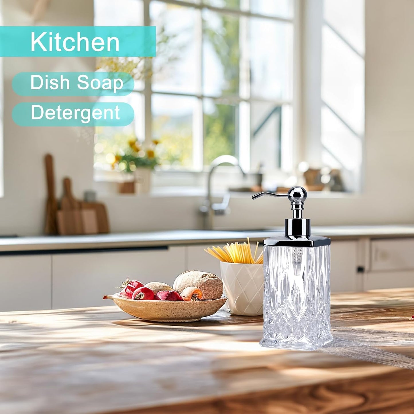 10Oz Clear Glass Soap Dispenser,Handcrafted Lead-Free Glass,Hand Sanitizer Dispenser with Silver Pump for Kitchen and Bathroom,Elegant Bathroom Decor(Square)