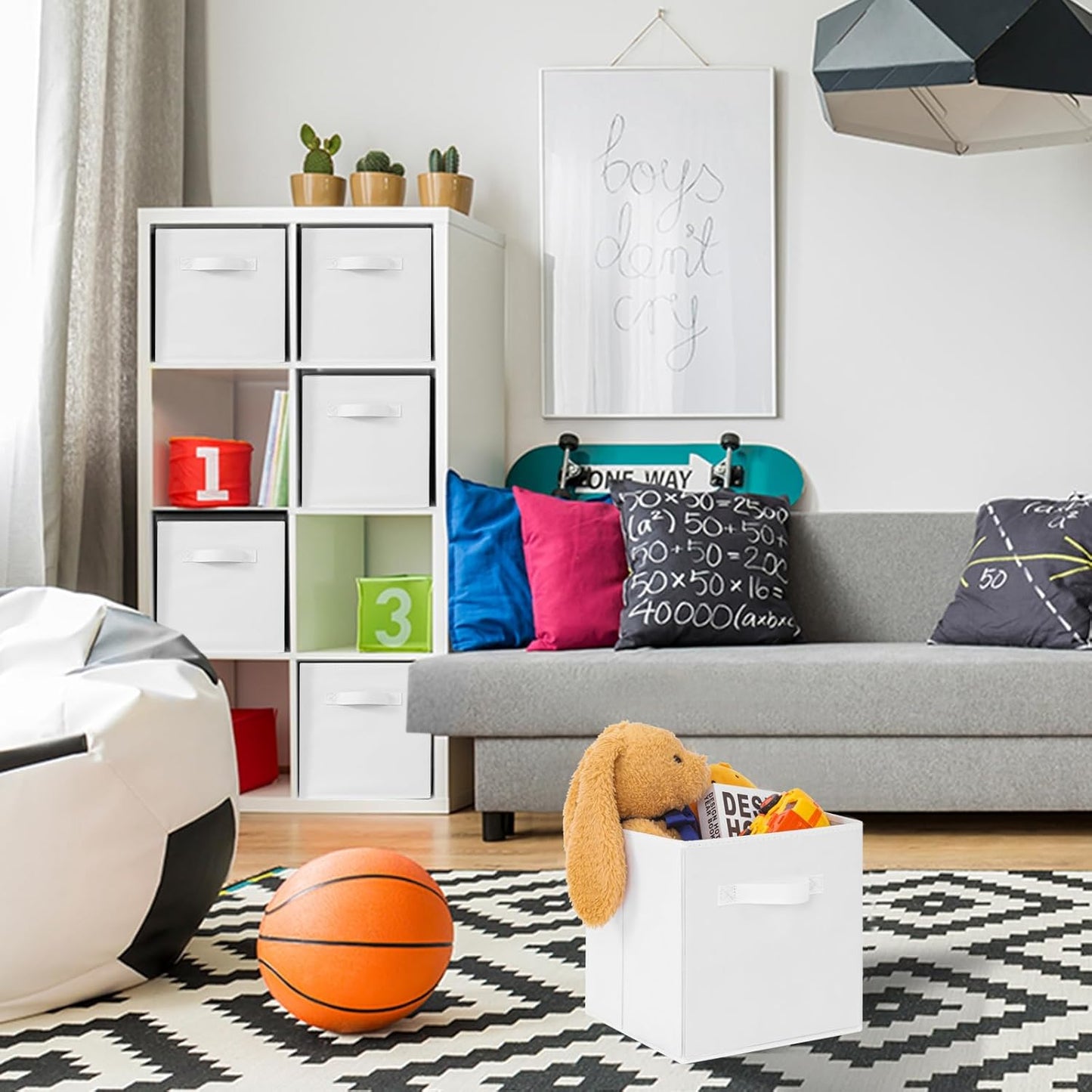 Stero 13x13x13 Inch Fabric Storage Bins 6 Pack Fun Colored Durable Storage Cubes with Handles Foldable Cube Baskets for Home, Kids Room, Closet and Toys Organization White