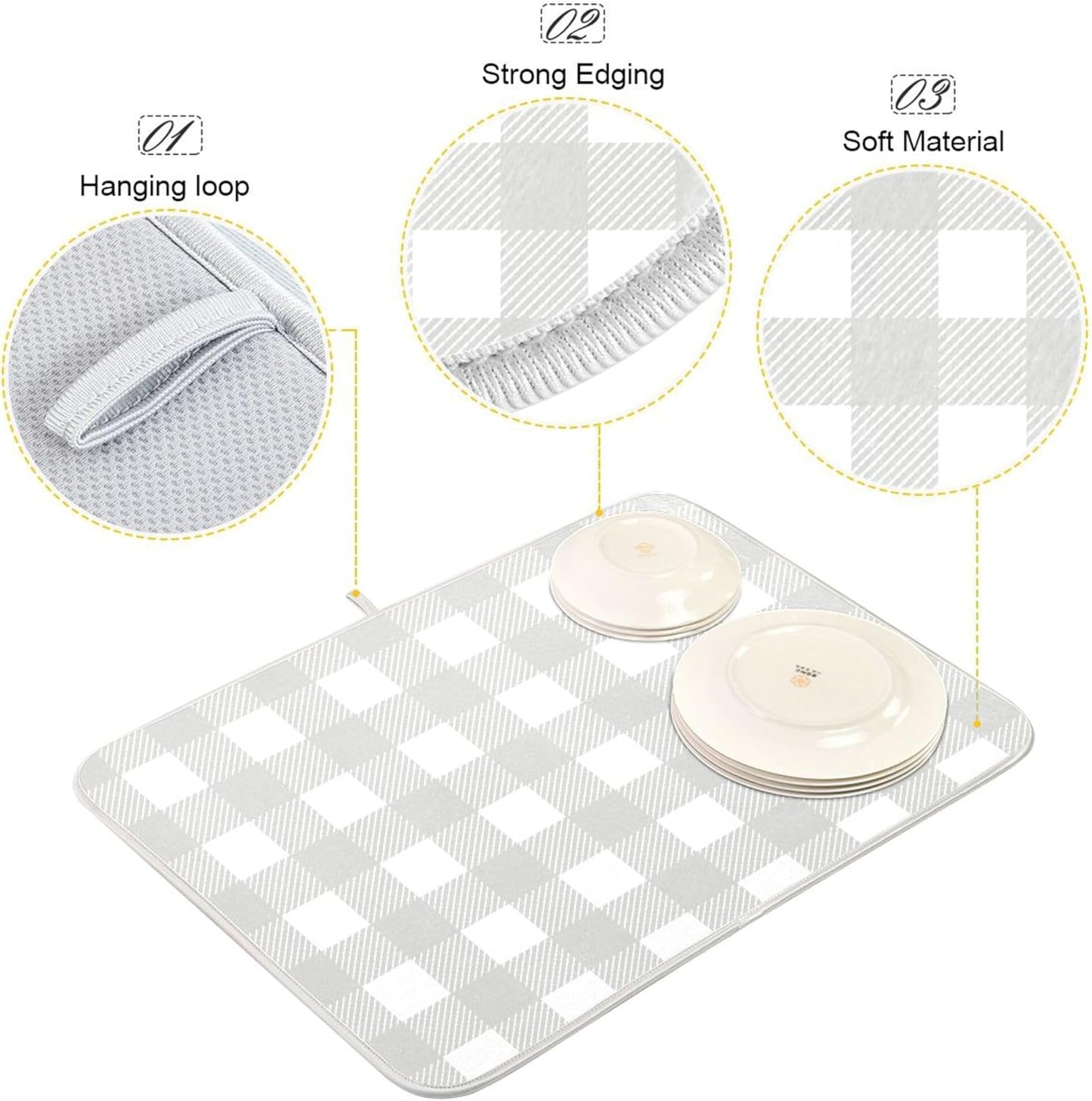 Buffalo Plaid Gray White Dish Drying Mat for Kitchen Countertop 18x24 Chessboard Rectangle Large Drying Mat Reusable Quick Dry Dish Sink Absorbent Mats Dishwasher Easy Clean Decorative Home Essentials