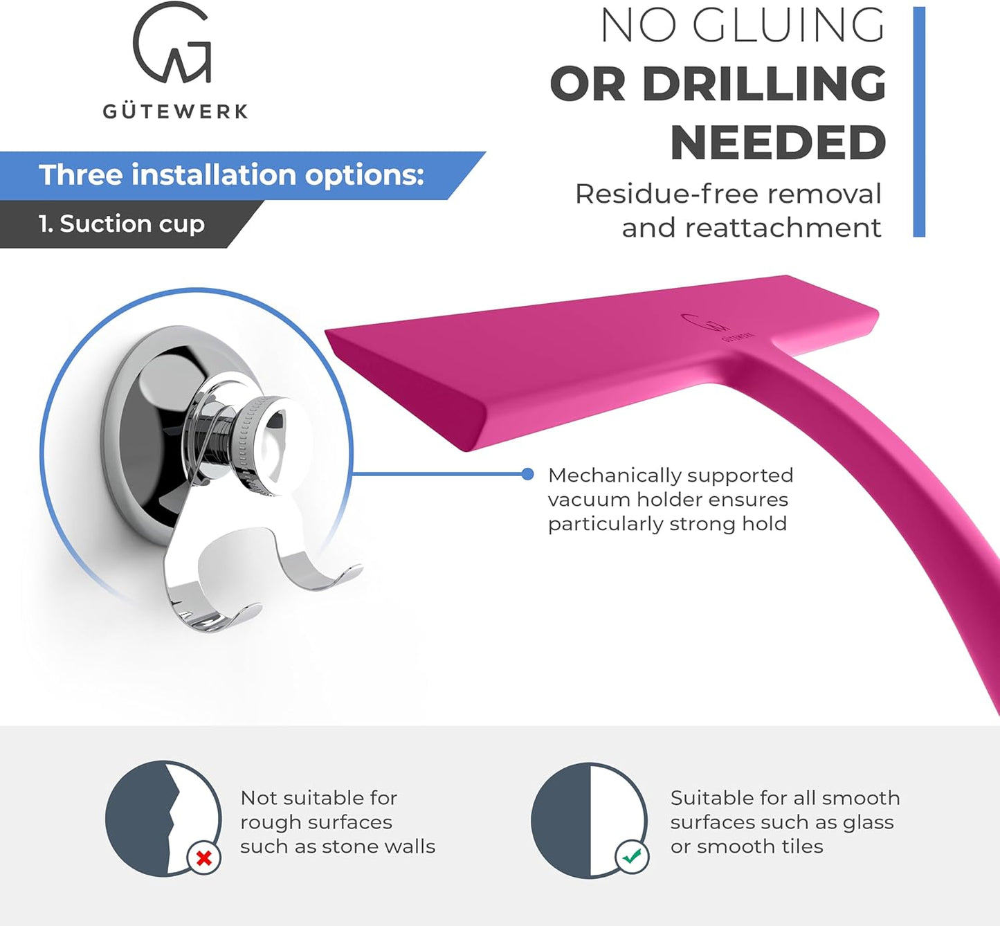 GÜTEWERK Shower Squeegee for Glass Doors, Silicone Window Squeegee, Bathroom and Glass Cleaning - Pink - 15 Inch