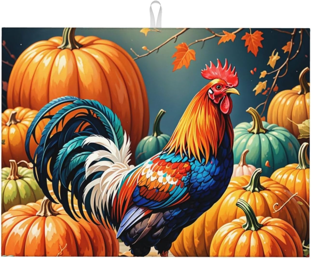 Rooster Pumpkin Dish Drying Mat Highly Absorbent Double-Sided Microfiber with Hanging Loop Reversible Drain Dish Rack Mat Drain Mat Suitable for Kitchen Countertop Coffee Bar 18 x 24 Inch