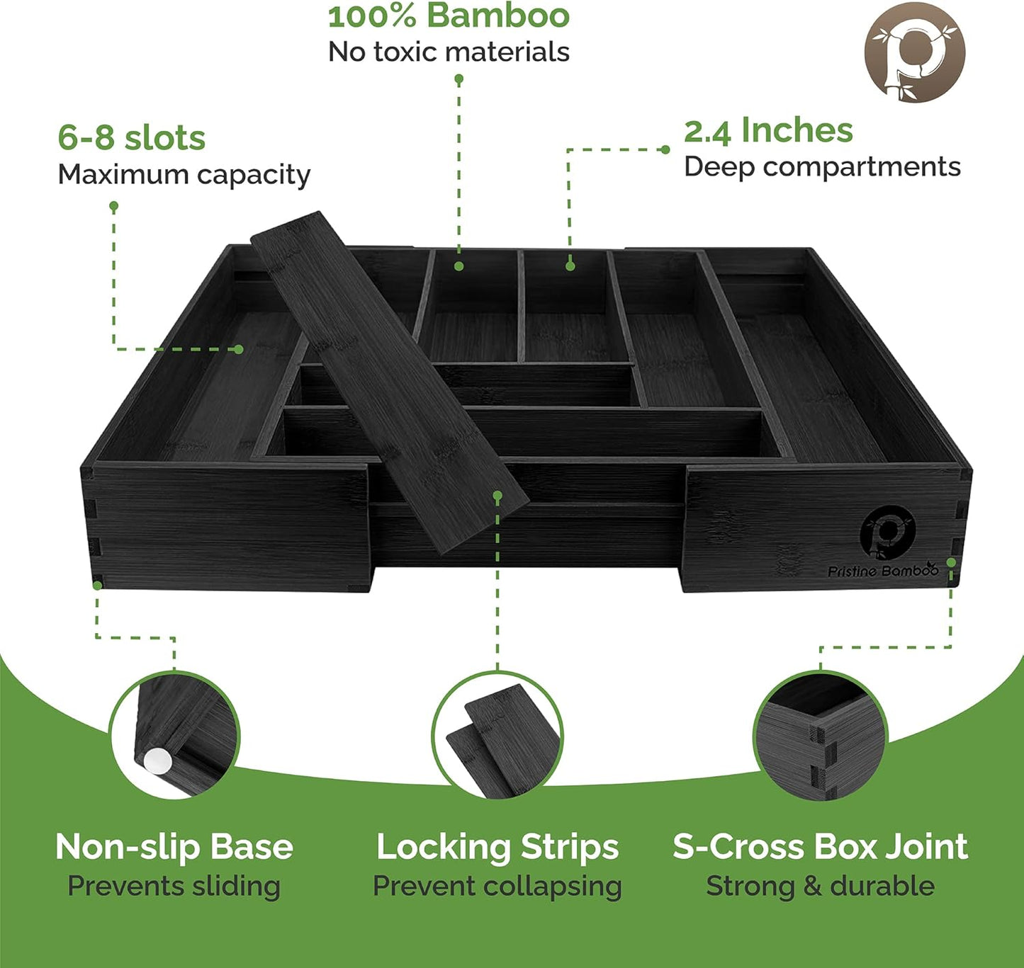 Silverware Tray - Drawer Organizer with Expandable Wooden Dividers (8-Slots, Black)