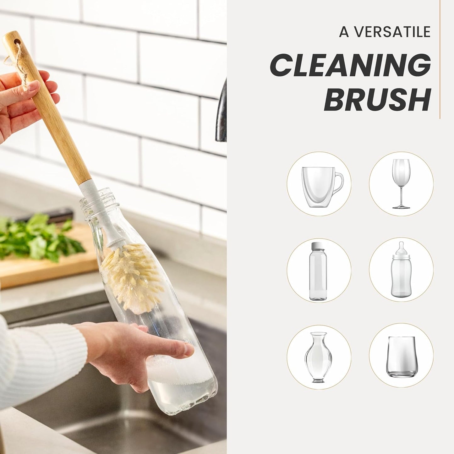 Vigar Zeroline 13.9" Long Bamboo Dish Brush, Ideal Dish Brush for Cups, Wine Glass, Tumbler, Blender Bottles, and Glass Water Bottles for The Kitchen