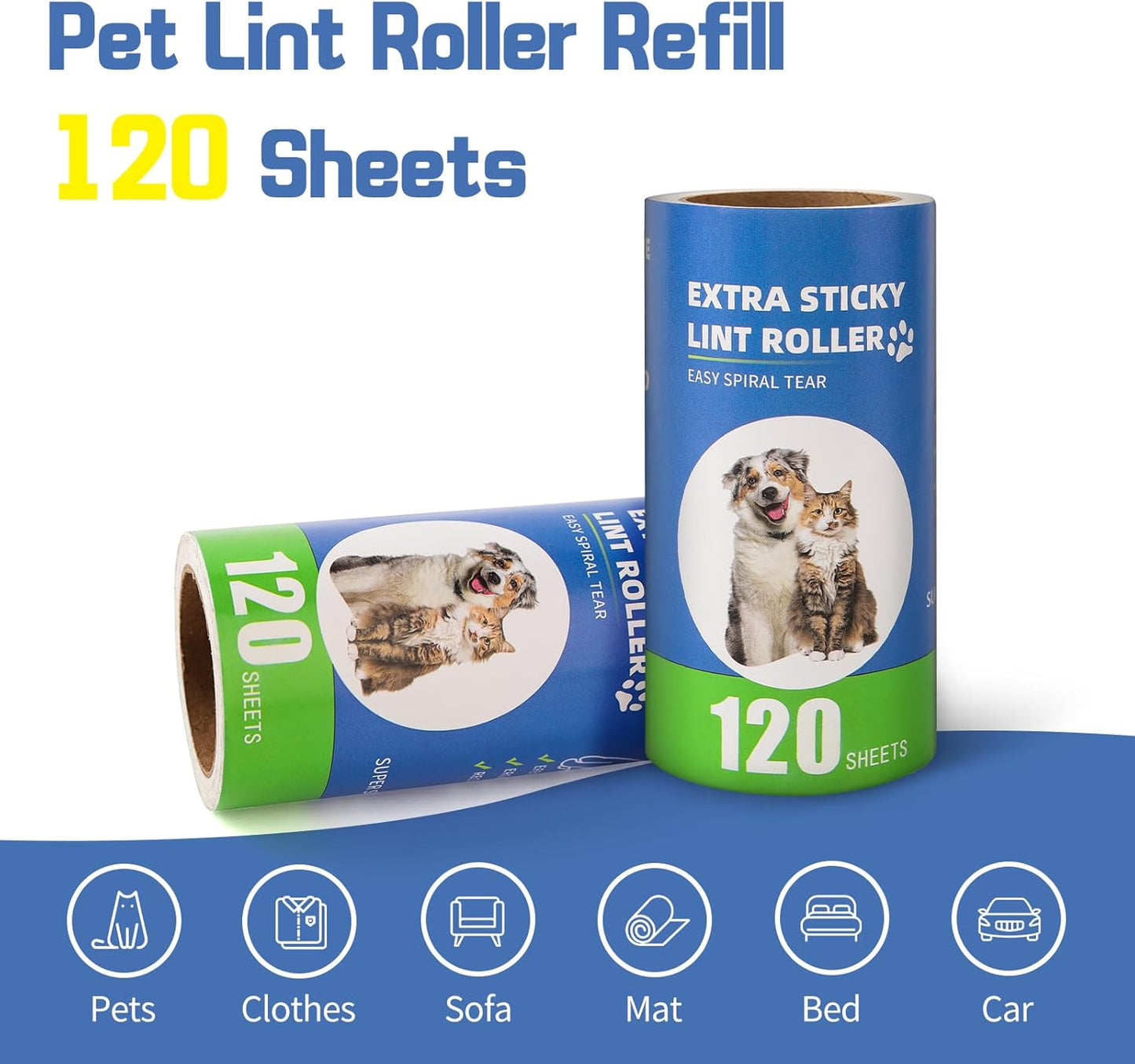 Extra Sticky Lint Roller Refills 2 Pack (240 Sheets) fit 3.8"-4" Standard Size Lint Roller Sticker with Inner Diameter at 1.5" for Pet Hair, Clothes, Furniture, Cars, No Handle Included