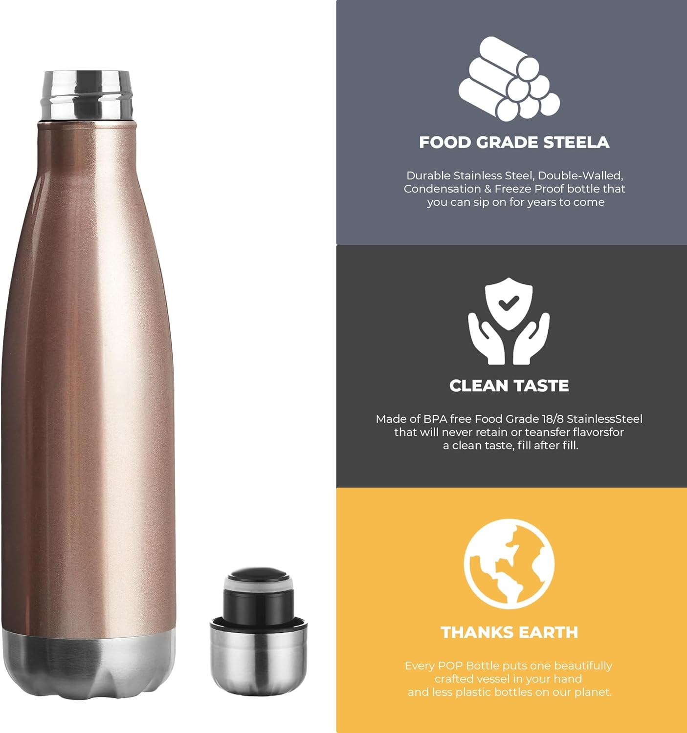 MEWAY 17oz Sport Water Bottle Vacuum Insulated Stainless Steel Leak-Proof Double Wall Cola Shape Water Bottle,Keep Drinks Hot & Cold(Rose Gold,1 Pack)