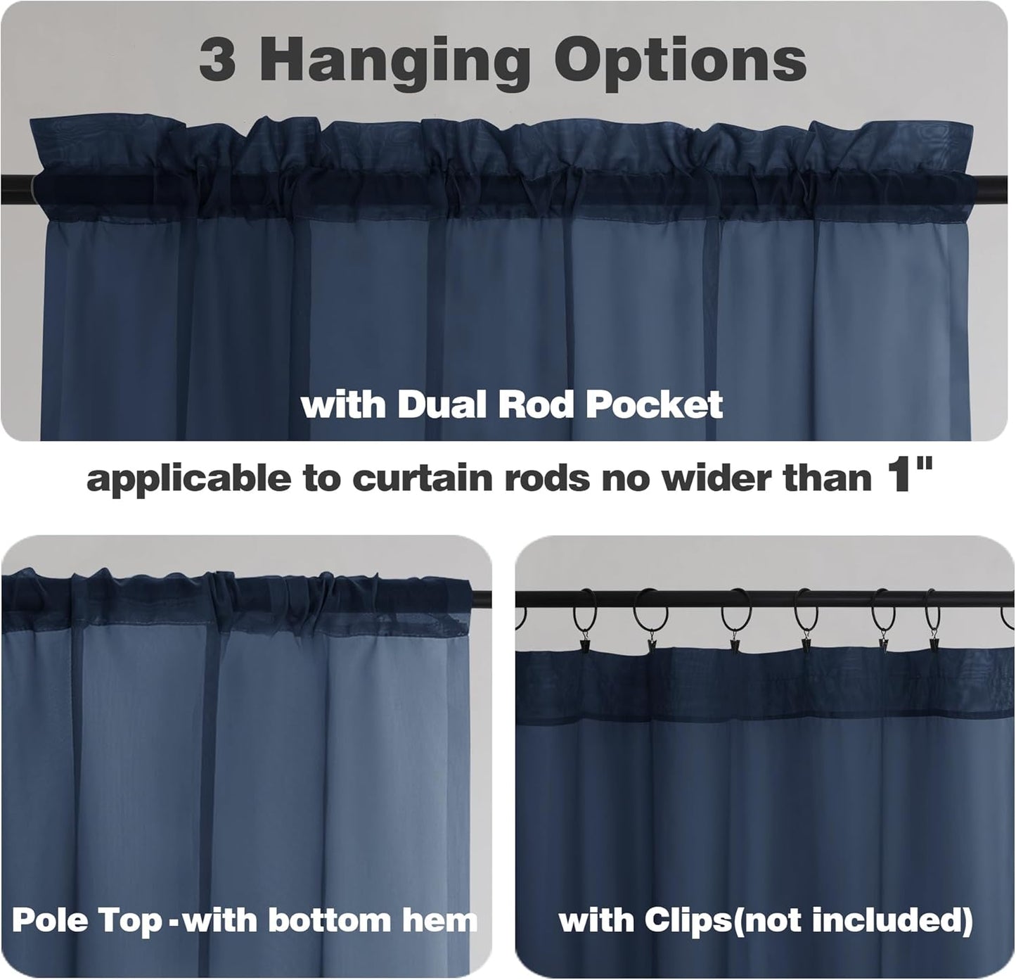 Chyhomenyc Navy Blue Sheer Curtains 84 Inches Long 2 Panels Set - Light Filtering Curtains for Living Room, Soft Breathable Voile Rod Pocket Bedroom Window Drapes, 42Wx84L Inch, 2PCS