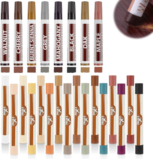 A-HEYIDA Wood Filler Sticks -16 Colors Wax Crayons for Furniture Scratch & 8 Colors Wood Touch-up Markers for Repair Any Scratches, Scuffs, Cracks and Nail Holes on Furniture,Floors,Doors,Cabinets