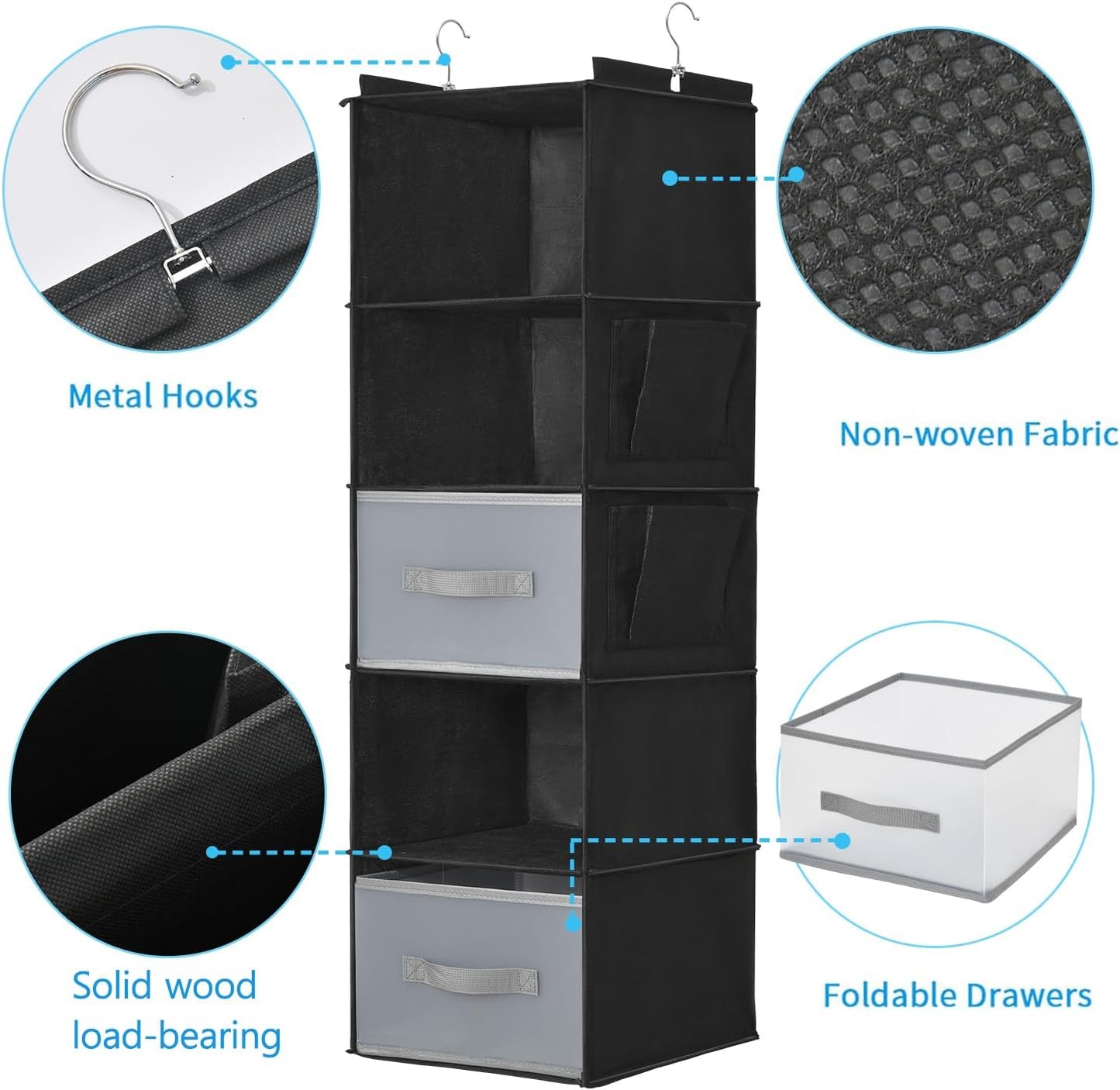 5-Layer Suspended Fabric Shelf Organizer, Equipped with 2 Sturdy Hooks, 2 Separate Drawers, and Foldable Hanging Storage (Black)