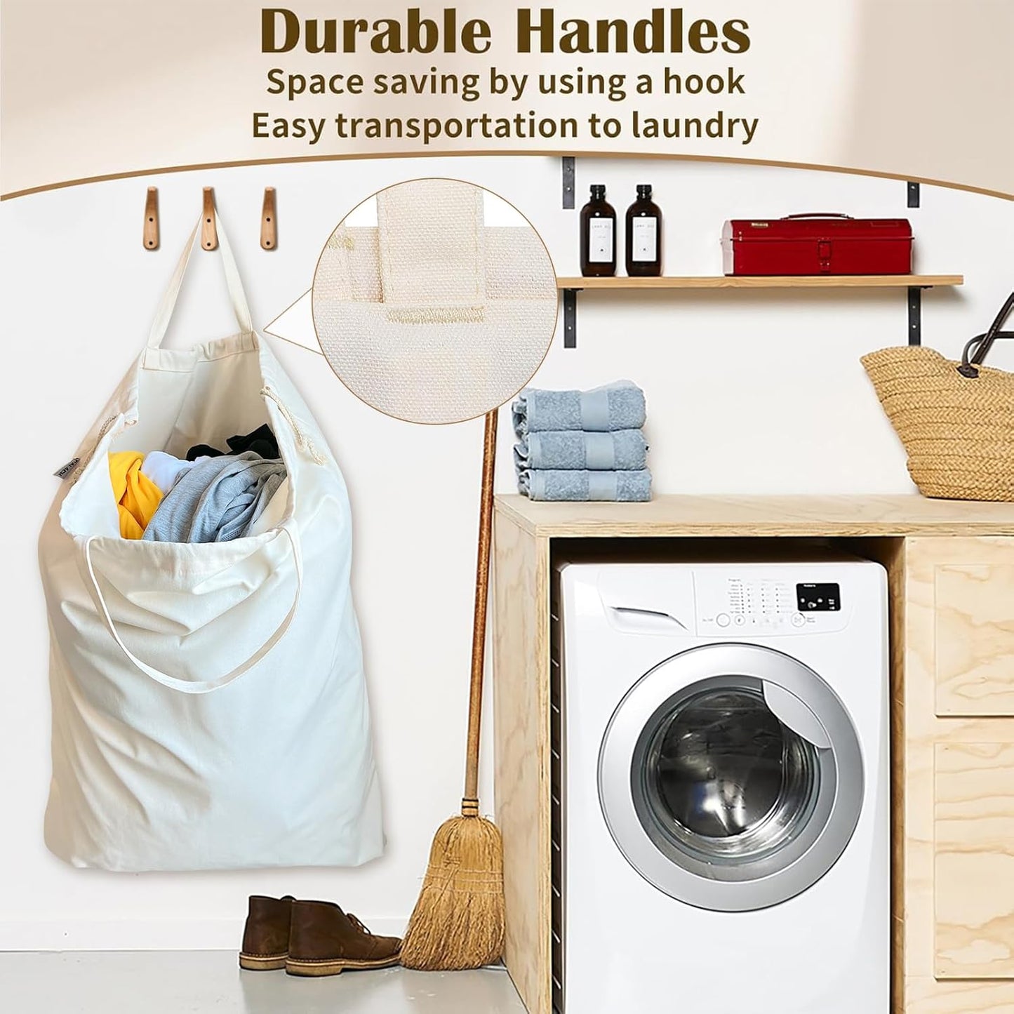 Canvas Laundry Bag with Handles & Drawstring Closure 27.5”x35", Thick Cotton Laundry Bag Heavy Duty Washable Dirty Clothes Travel Sack for Camp, College Dorm, Laundromat (Beige L, 2 Pack)