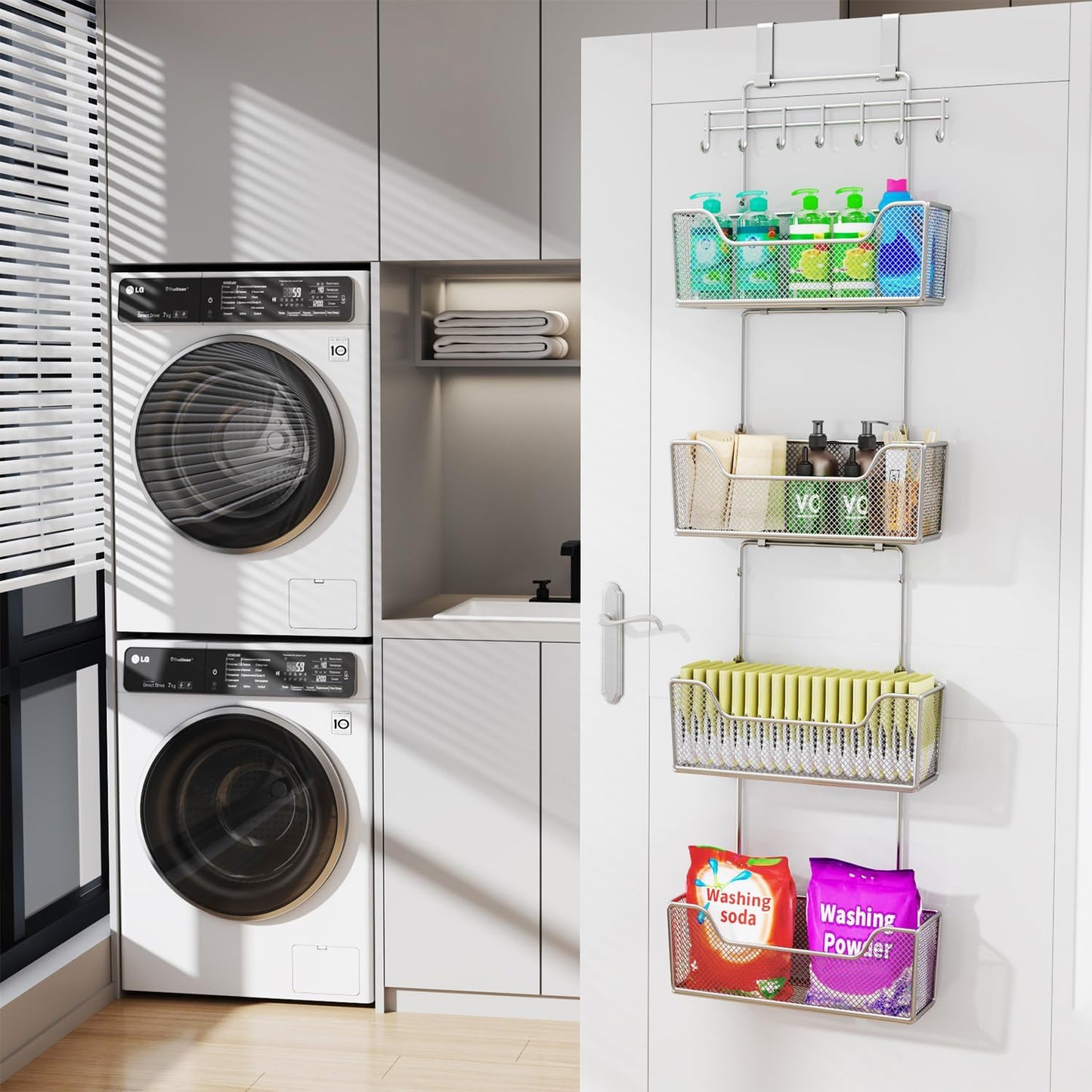 HapiRm Over The Door Organizer - Hanging Door Organizer with 4 Metal Large Capacity Baskets and Adjustable Coat Hook for Bathroom Bedroom Kitchen Pantry Closet Cabinet