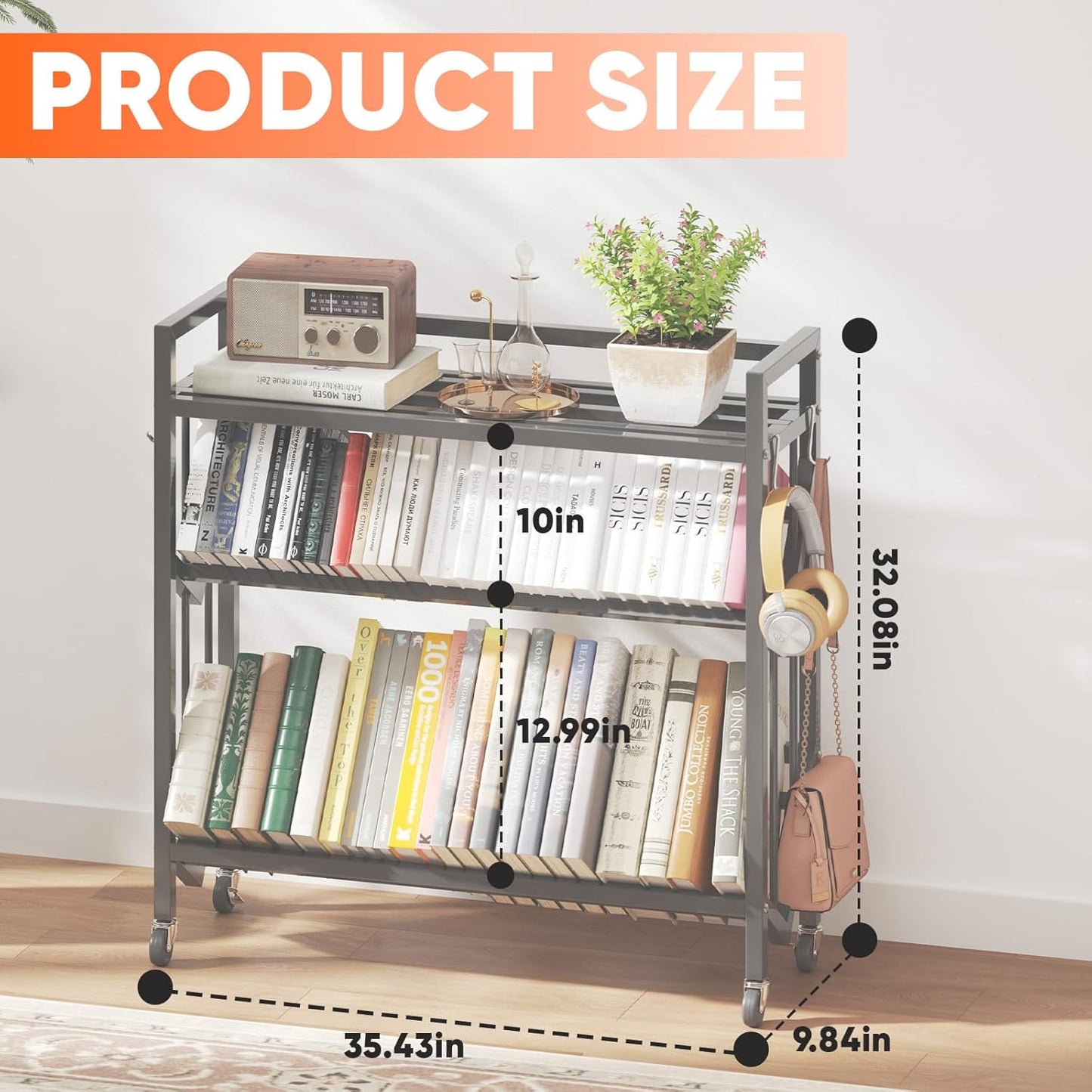 Book Carts 3 Tier 35.4x32x9.84 in Rolling Book Cart Large Capacity Bookshelf Storage Rack Mobile Book Storage with Wheels Cart for Home Office Living Room Classroom (3 Tier)