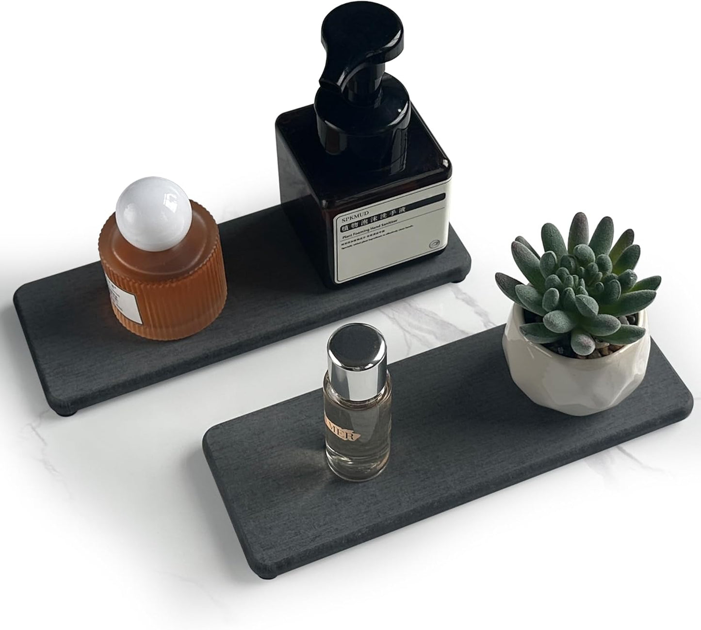 2 Pcs Water Absorbing Stone Trays, Kitchen/Bathroom Sink Soap Dish, Diatomite Tray Used for Hand Soap & Cosmetic Bottles in The Modern Home, 3.15" W x 8.7" L, Dark Gray