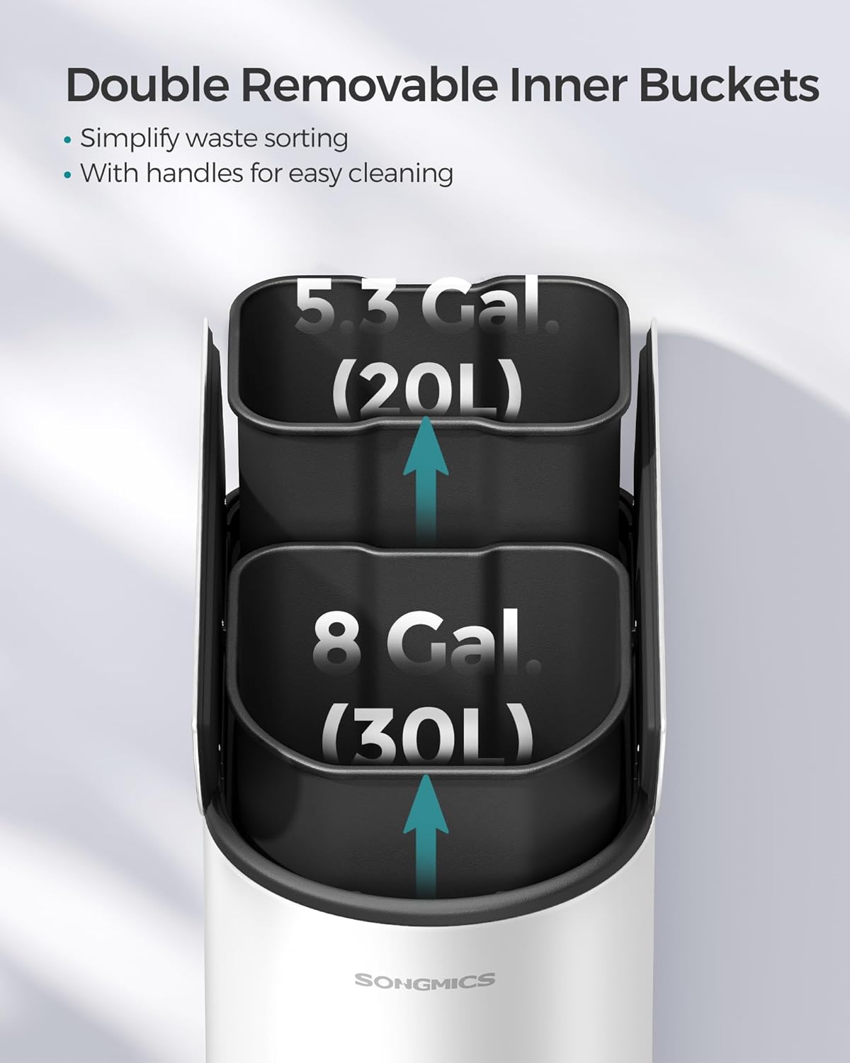 SONGMICS 13-Gallon Dual Kitchen Trash Can, 5.3 and 8 Gallon Compartments, Garbage Can with Wing Lids, Stainless Steel, Soft Close, Inner Buckets, Cloud White and Metallic Silver ULTB570W50