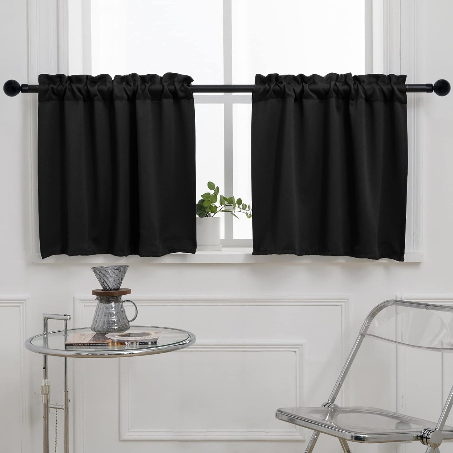 Pickluc 24 Inch Long Tier Curtains for Small Window Treatment, Short Blackout Curtain with Rod Pocket - Half Window Curtains for Kitchen, Cabinet, Basement, Camper, 2 Panels, Black, 30 Inches Wide