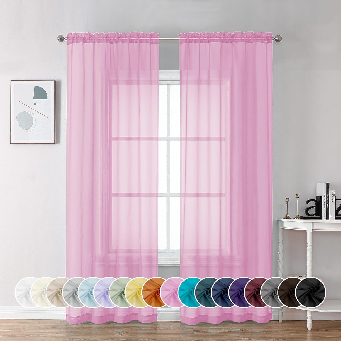 Chyhomenyc Pink Sheer Curtains 72 Inch Length 2 Panels, Light Filtering Soft Airy Rod Pocket Voile Window Curtain Drapes for French Door Bedroom Living Room, Each 42Wx72L Inches