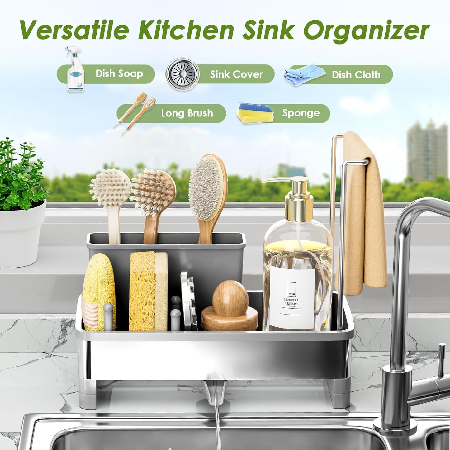 Stainless Steel Sink Caddy, Sponge Holder for Kitchen Sink with Brush Holder & Dishcloth Rack, Rustproof Sink Organizer Countertop, Soap Dispenser Kitchen Organizers Storage Essentials (Gray)