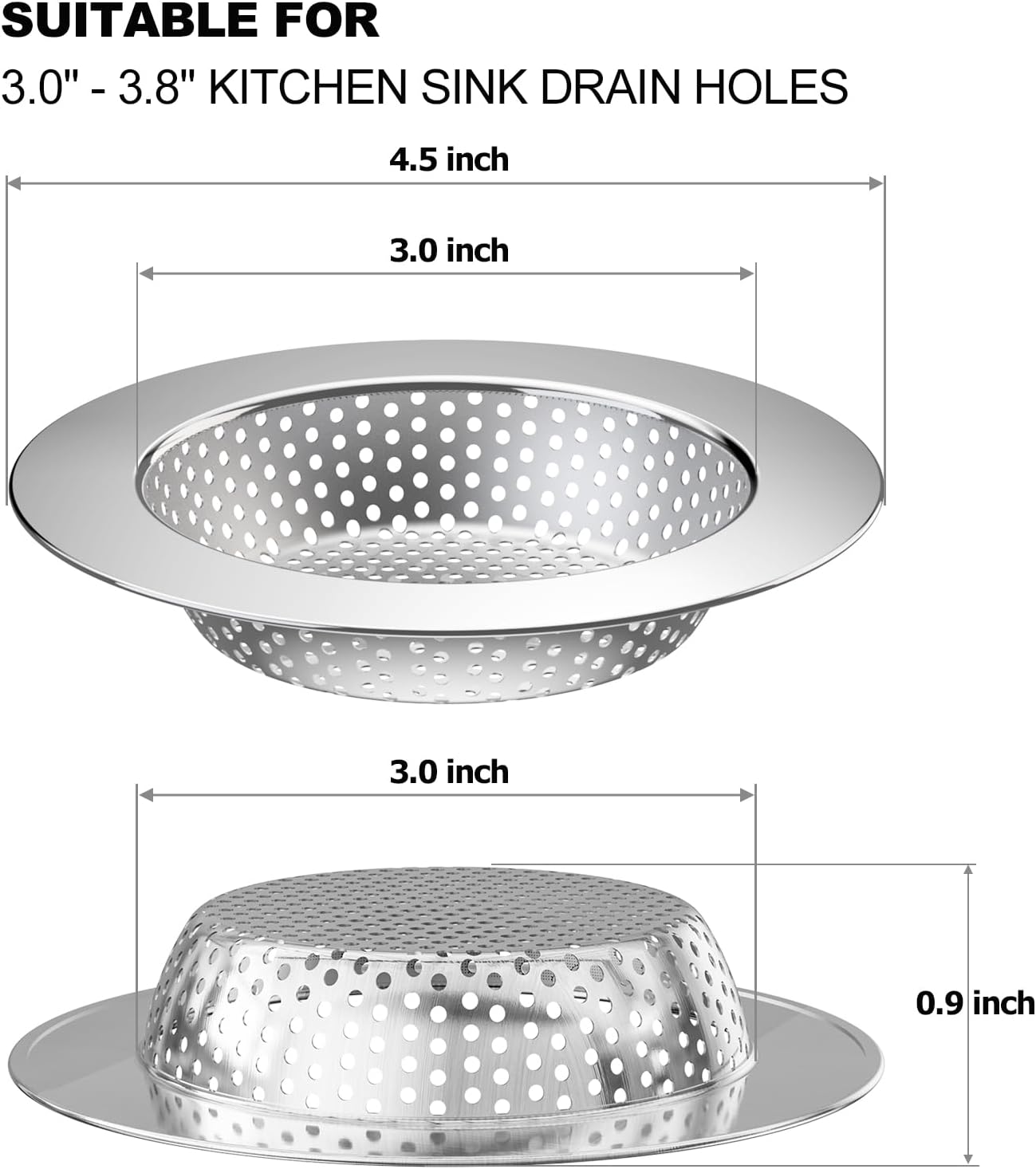 2PCS Kitchen Sink Drain Strainer/Catcher/Basket/Cover/Filter/Trap/Screen, Large Wide Rim 4.5" Diameter, Stainless Steel, Dishwasher Safe