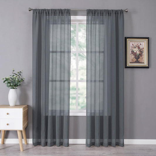 Tollpiz Sheer Curtain Linen Textured Living Room Curtains Sheer Light Filtering Rod Pocket Voile Curtain for Bedroom, 54 x 72 inches Long, Dark Grey, Set of 2 Panels