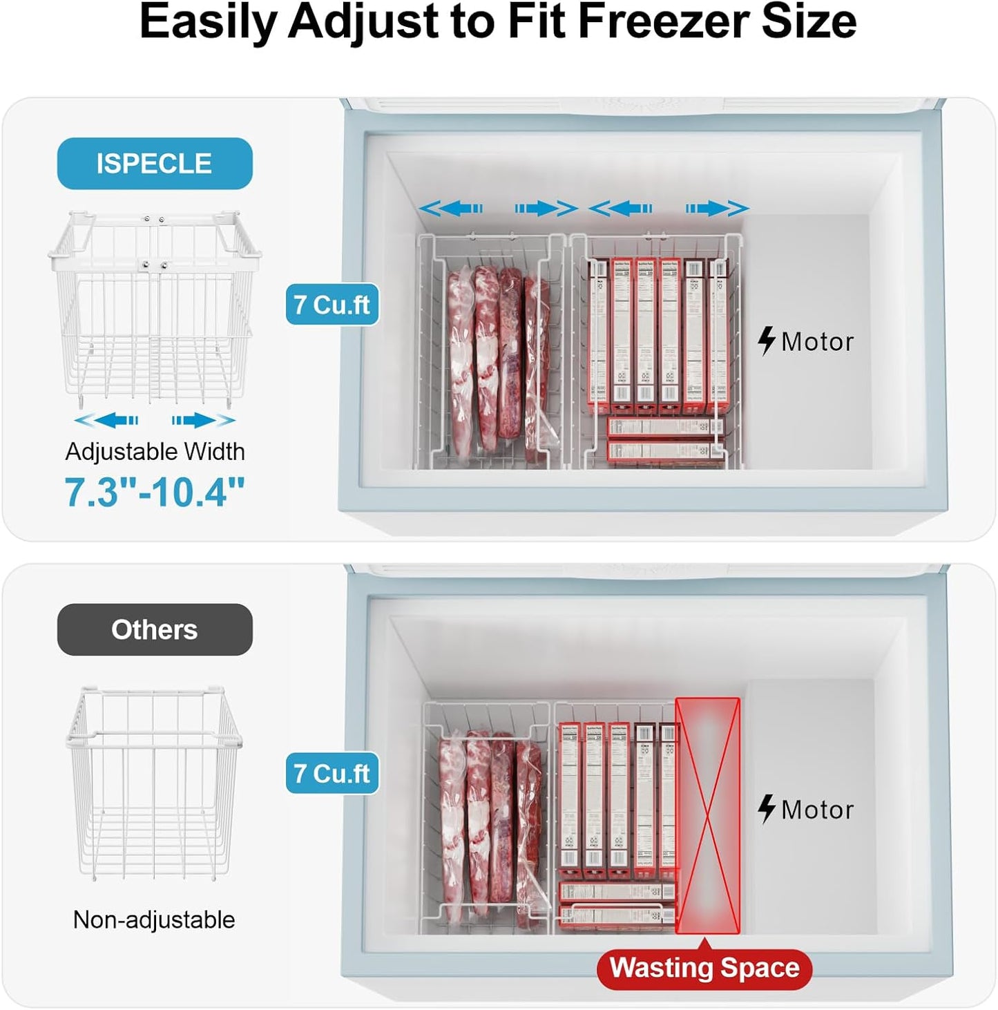 iSPECLE Freezer Organizer Bins - 4 Pack Adjustable & Extra Large Chest Freezer Organizer Bins for 5 to 9 Cu.Ft Deep Freezer, Easy Organize Basket Store More, Stackable No Wasted Space, White