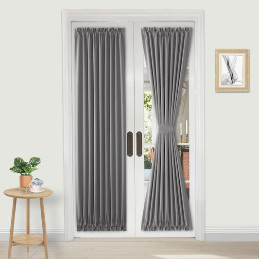 DWCN French Door Curtains – Rod Pocket Thermal Blackout Curtain for Doors with Glass Window, Kitchen and Patio Doors for Privacy, 25 X 80 Inches Long, 1 Curtain Panel with Tieback, Grey