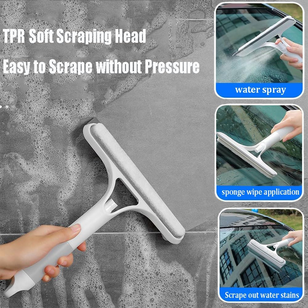 3 in 1 Window Cleaning Scraper, 3 in 1 Window Cleaner Squeegee, Scraper for Cleaning Windows, All-Purpose Window Squeegee with Sprayer for Glass, Wall, Kitchen, Car (White+Blue)