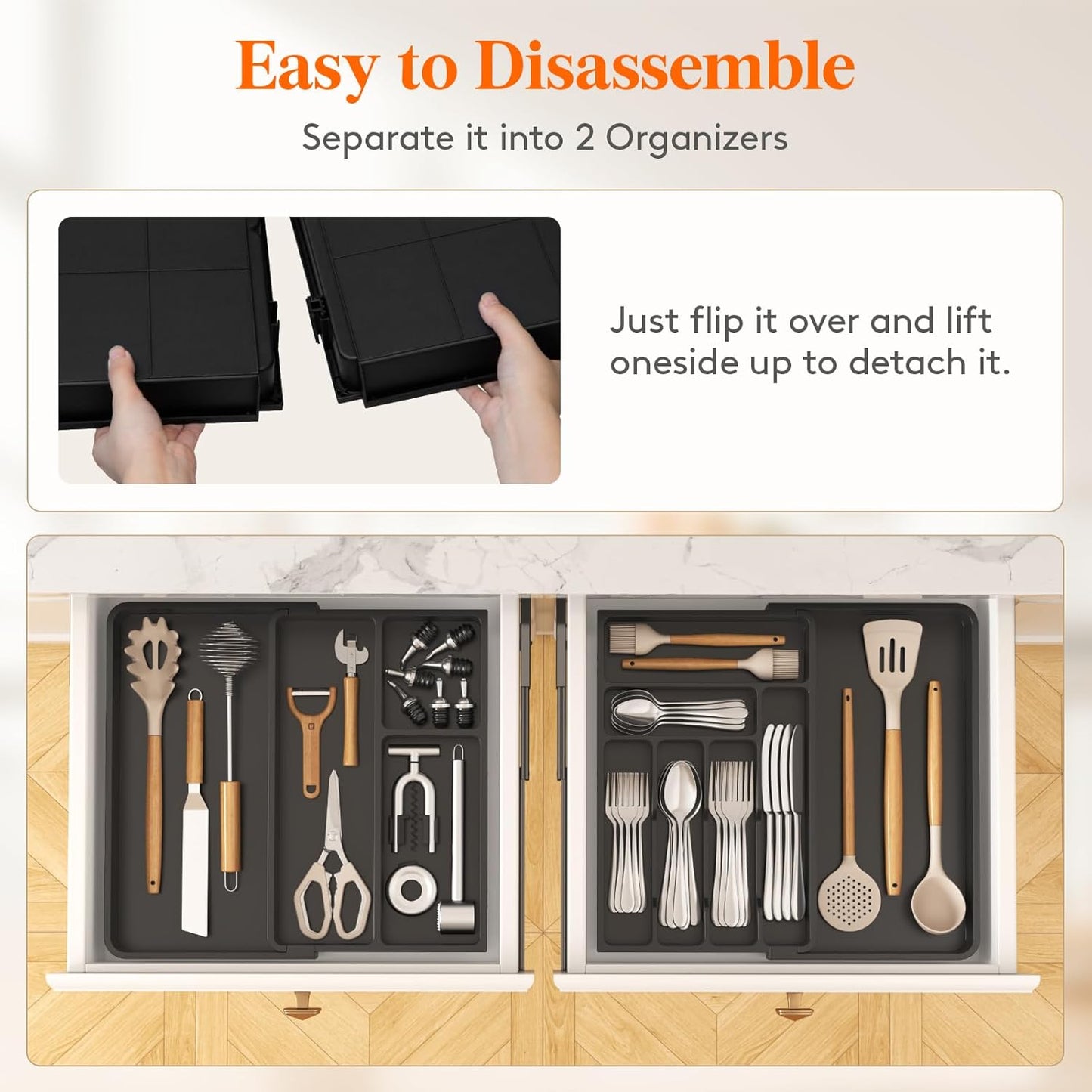 Lifewit Large Silverware Drawer Organizer, Plastic Cooking Utensil Tray for Kitchen, Expandable From 21 to 36 Inches, Adjustable Flatware Cutlery Spoon Fork Knife Spatula Gadgets Holder, Black