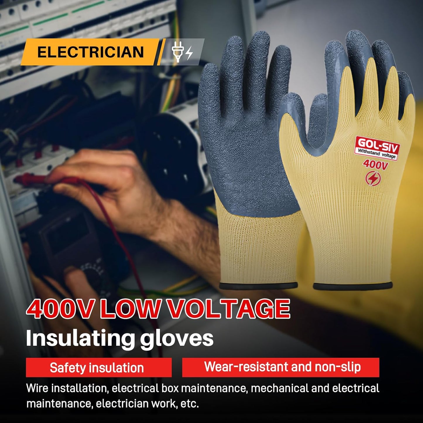 Electrical Insulated Gloves XL - 400V Low Voltage Electrician Safety Gloves, Rubber Non Slip Work Gloves For Men