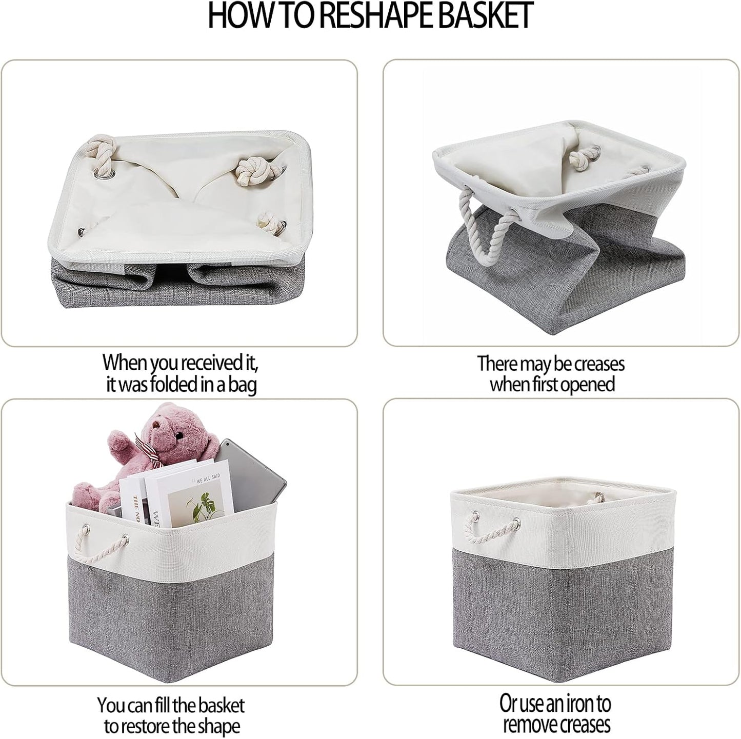 13 x 13 Inch Cube Storage Bins, 4 Pack Large Collapsible Fabric Storage Bin with Ropes, Foldable Storage Cubes for Home, Office,Closet, Clothes, Toys Organizer (White & Grey)