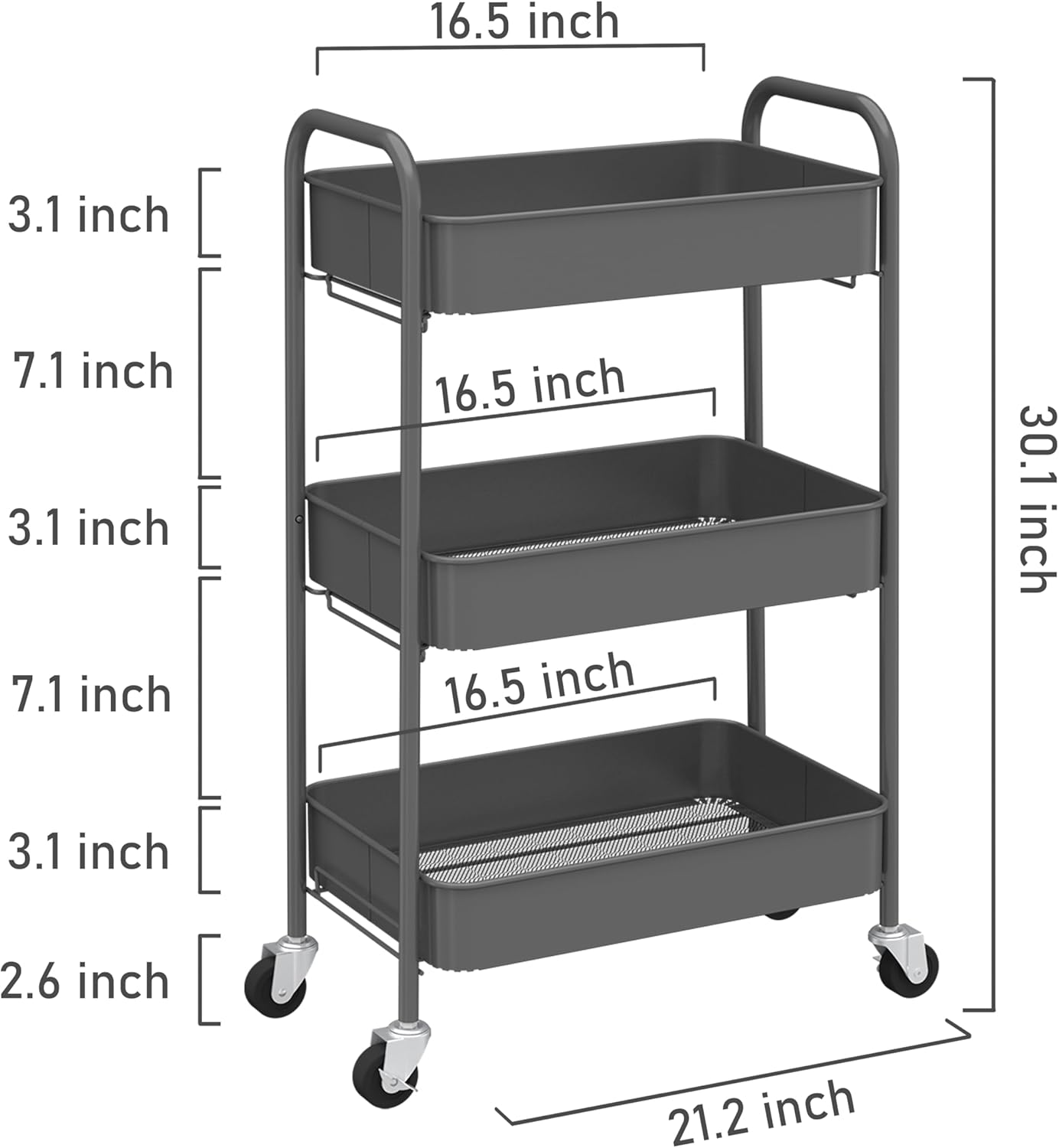 CAXXA 3-Tier Rolling Metal Storage Organizer - Mobile Utility Cart with Caster Wheels, Gray