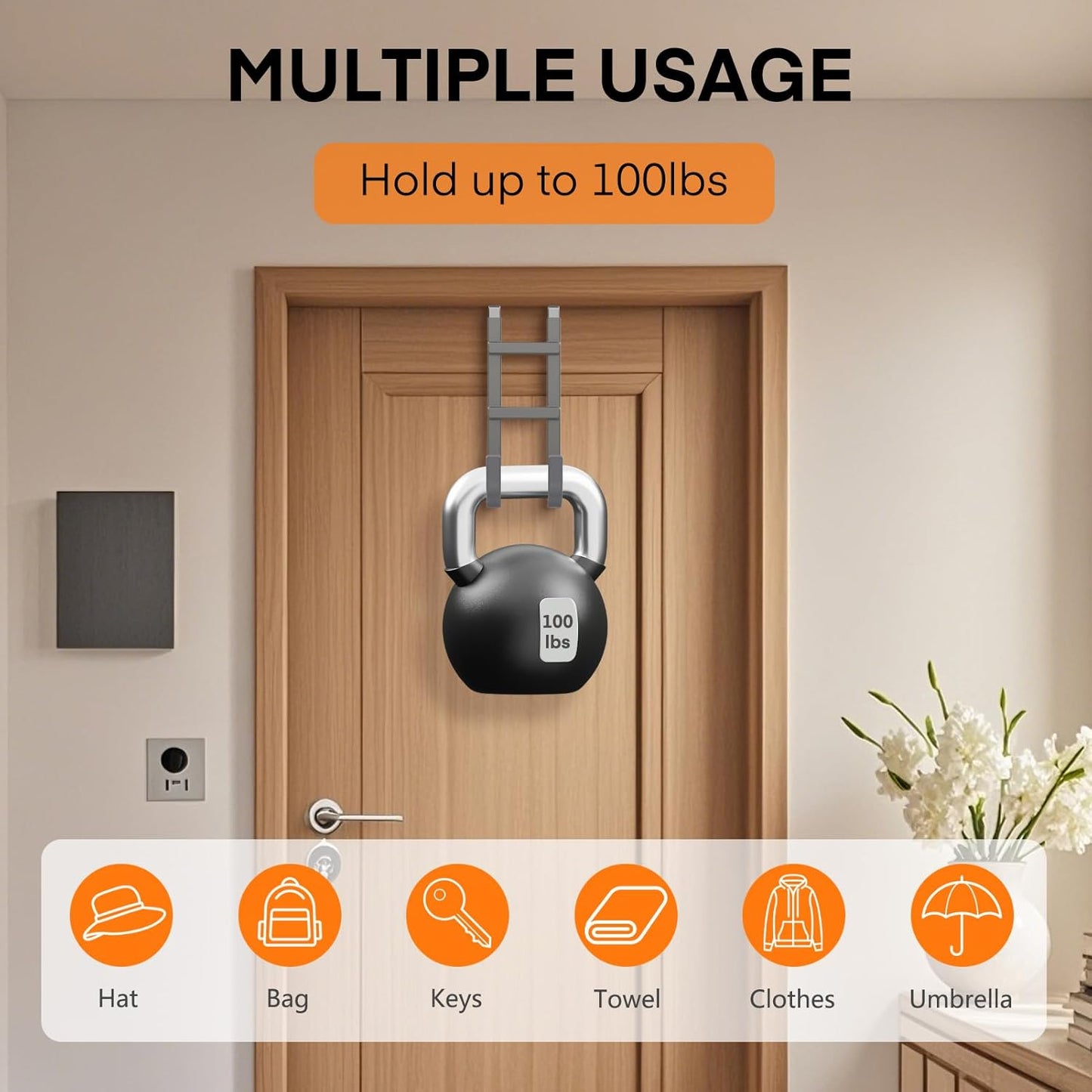 FYY Over The Door Hooks - 4 Pack Heavy Duty Dual-Hook Organizer Hanger with Non-Slip Rubber for Towels, Clothes, Hats & Bags Use in Bathroom, Bedroom, Kitchen - Fits Interior Doors Up to 1.6" Grey