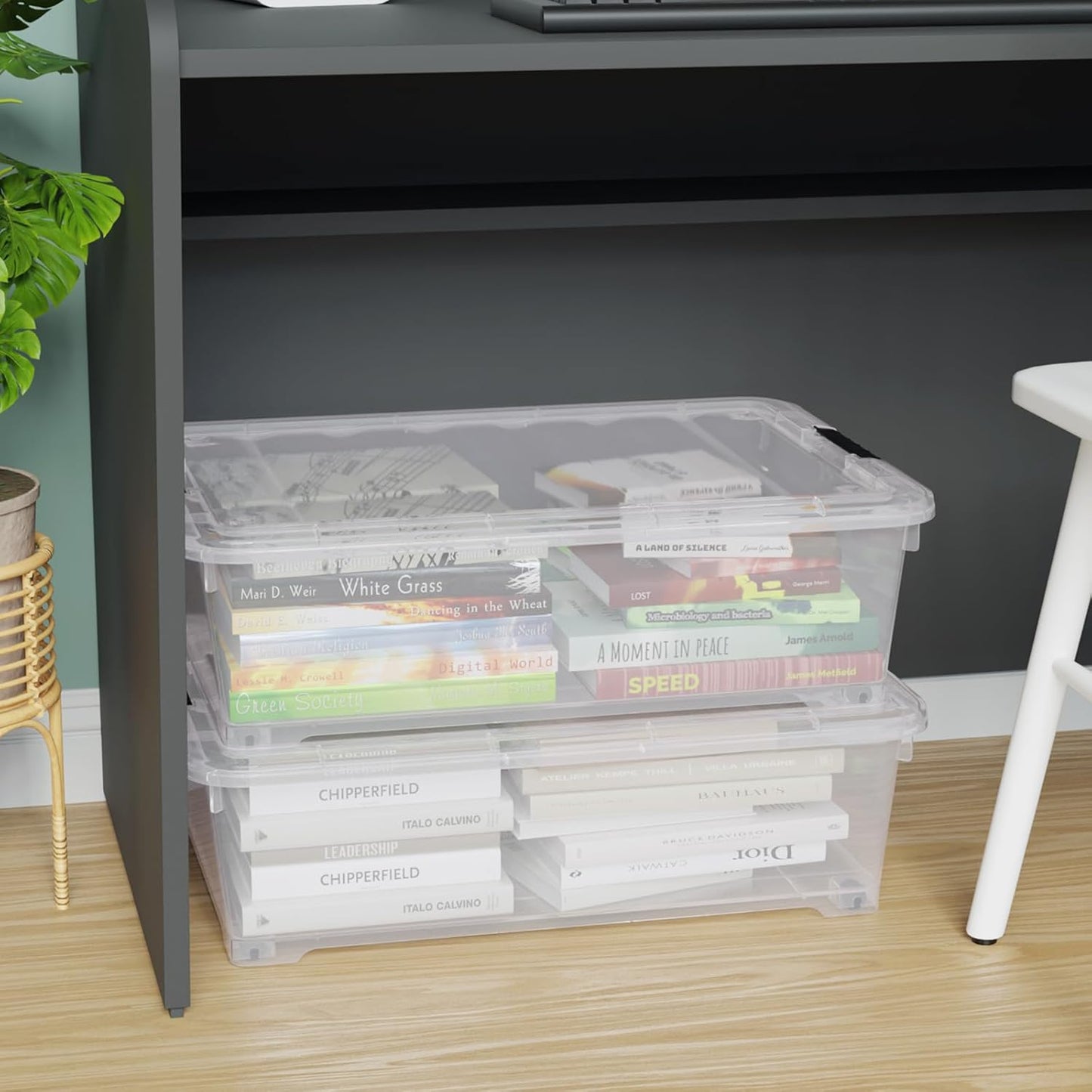 4 Pack Multipurpose 25 Qt Underbed Secure Latching Bin, Plastic Storage Container with Snap-On Lid and Wheels, Clear