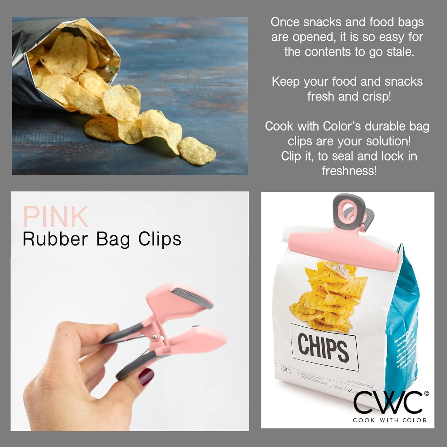 COOK WITH COLOR Food Clips - Wide Heavy Duty Chip Clips, Large Bag Clips for Food Storage with Air Tight Seal Grip, Pack of 8, Pink