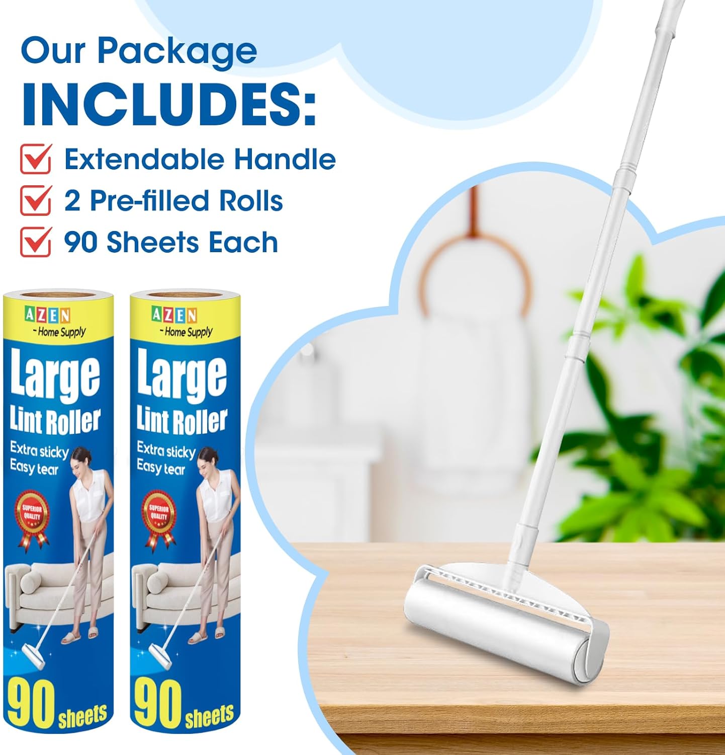 AZEN Large Lint Rollers for Pet Hair, Extra Sticky, 9.45 in Rollers for Floor, Carpet, 180 Sheets Giant Refills with 3 Extendable Long Handle Sticky Mop for Carpet, Floor, Couch