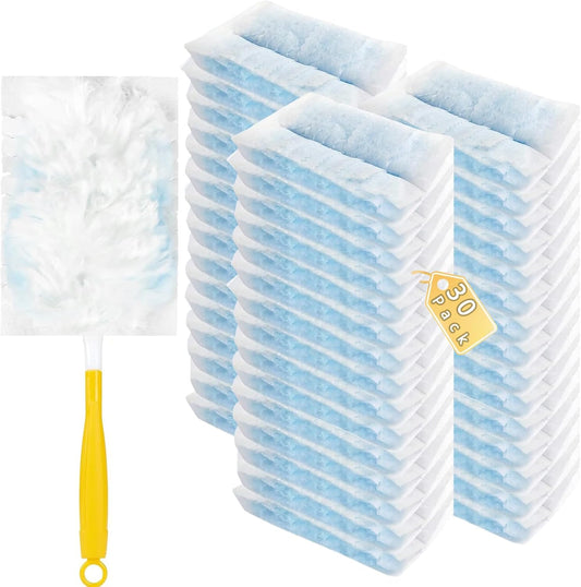 30 Pack Duster Refills Compatible with Swiffer Duster, Heavy Duty Multi Surface Duster Replacement with 1 Extra Handle for Cleaning Furniture, Blinds, Ceiling Fans and Car
