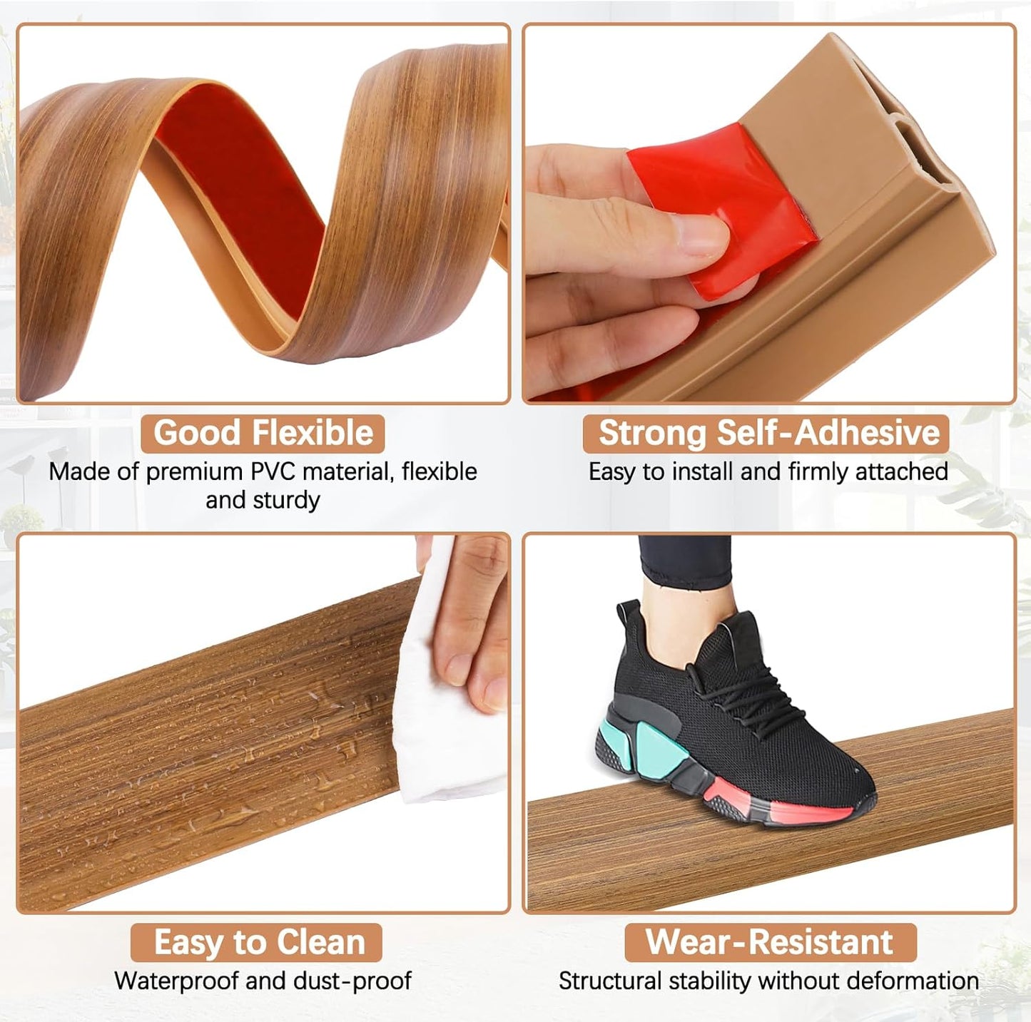 Vinyl Door Threshold Flooring Transition Strip Self Adhesive Carpet Edging Strip for Laminate Doorway Edge Threshold from 3/5" to 4/5" (Light Brown Wood Grain, 6.6 Ft)