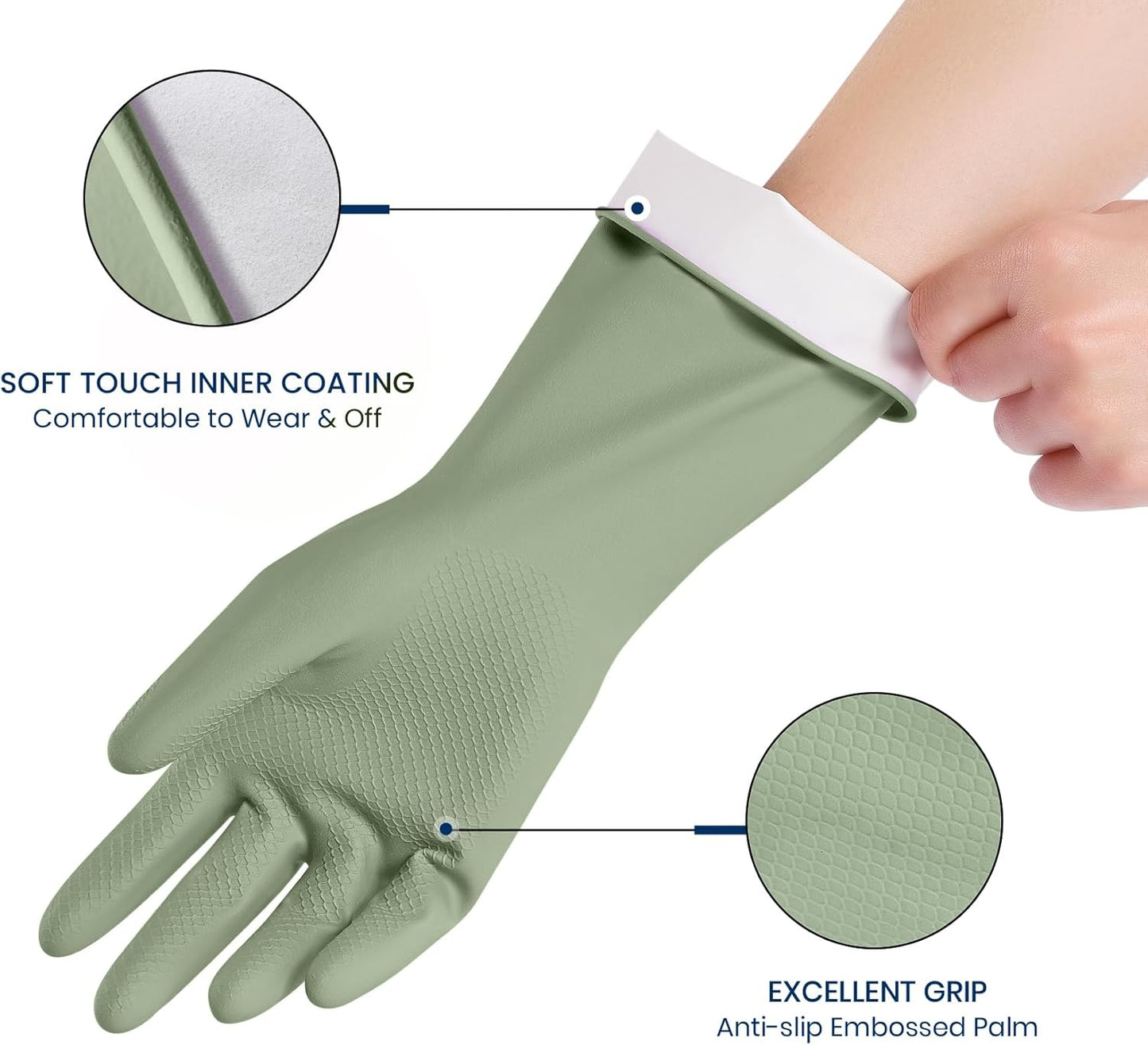 Rubber Cleaning Gloves for Dishwashing, 4 Pairs Reusable Kitchen Gloves for Washing Dishes and Household Cleaning, Green Dish Gloves with Flocked Lining and Non-Slip Grip, Pefect for Woman Men - M