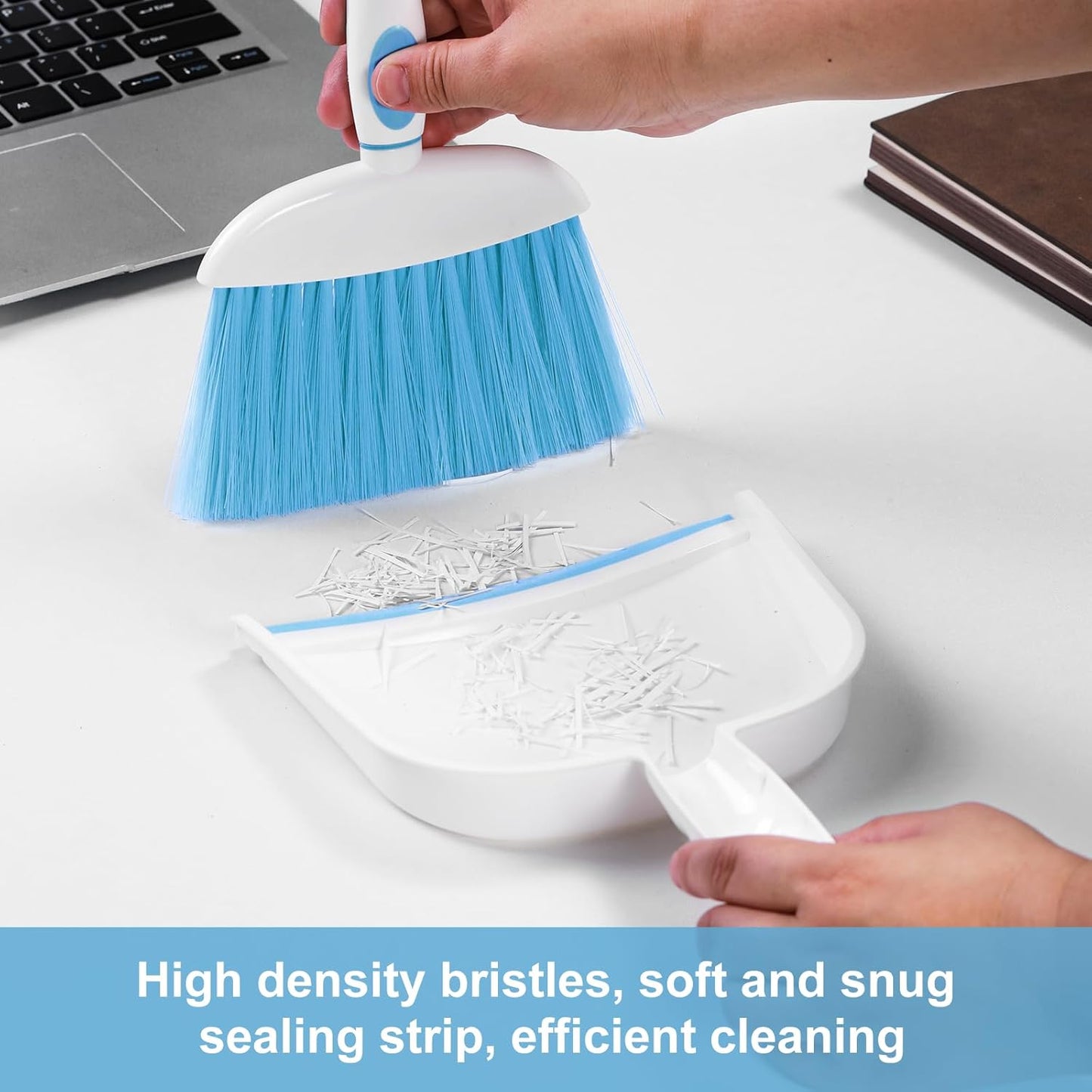 NACENA Small Dust Pan and Brush Set, Mini Broom and Dustpan Set Small Hand Broom and Brush Combo Dust Pan with Teeth for Home Cleaning Drawers Desktop Sofas Pet Care and Outdoor, Dark & Blue