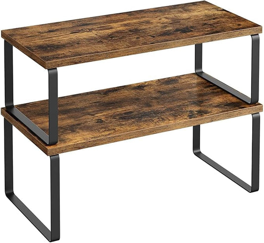 Cabinet Organizer Shelf, Kitchen Counter Storage, 2-Piece Set, Stackable Spice Rack, Metal and Wood (Black and Rustic Brown)