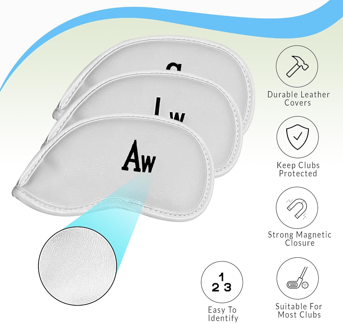 Premium Magnetic Leather Iron and Wedge Golf Club Head Covers | Set of 10 | Fits Most Clubs | Embroidered Club Label on Both Sides of Club Head Cover