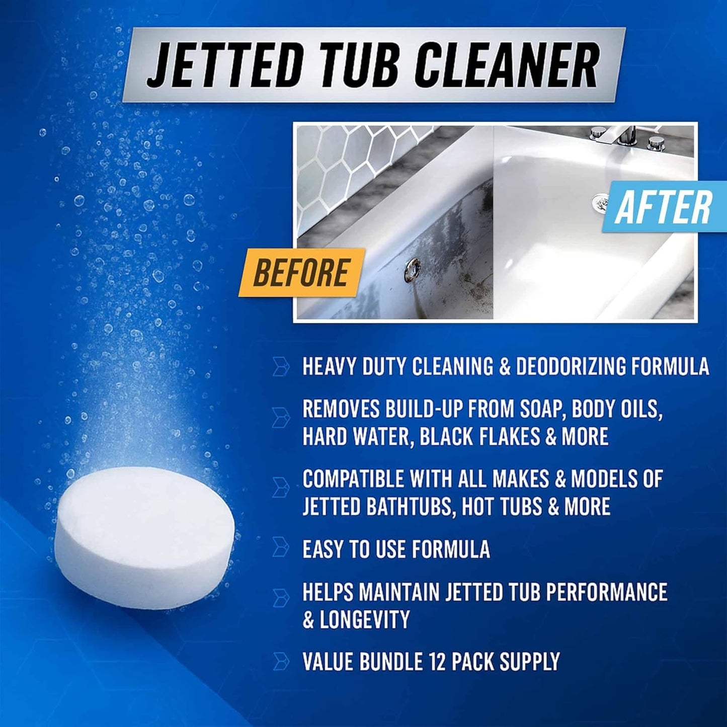 Jetted Tub Cleaner Bathtub Tabs - 12 ACTIVE Cleaning Tablets, Compatible with Whirlpool & Spa Bath System, Jets, Whirl Tubs, Professional Septic Safe Bath Jet Scale and Residue Remover - 1 Year Supply