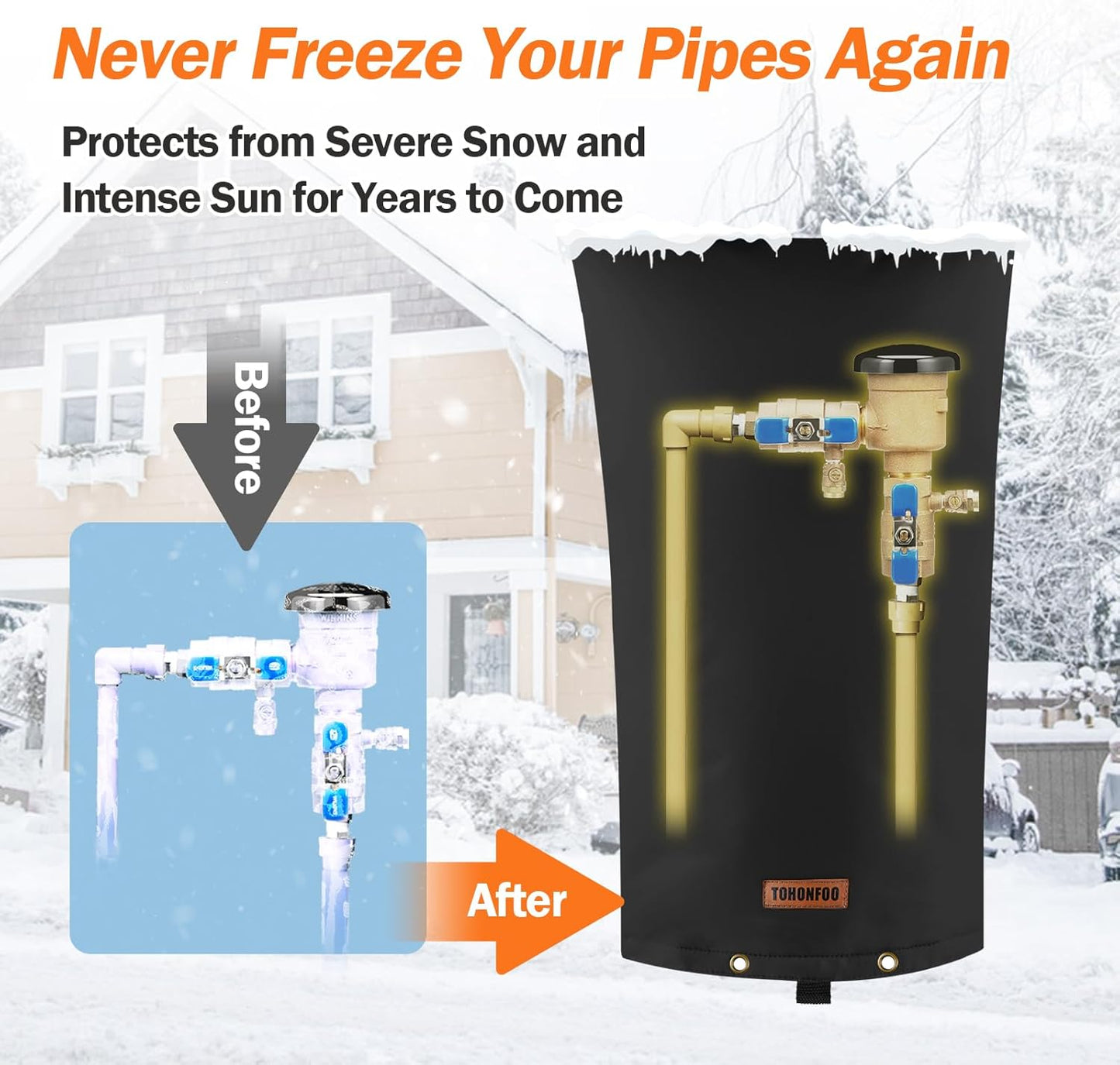 TOHONFOO Backflow Preventer Pipe Insulation Cover (5°F) - Irrigation Sprinkler Valve Insulated Pouch - Water Well Pump Cover - Sturdy 5 Layers for Winter Freeze Protection, 14" W x 26" H, Black