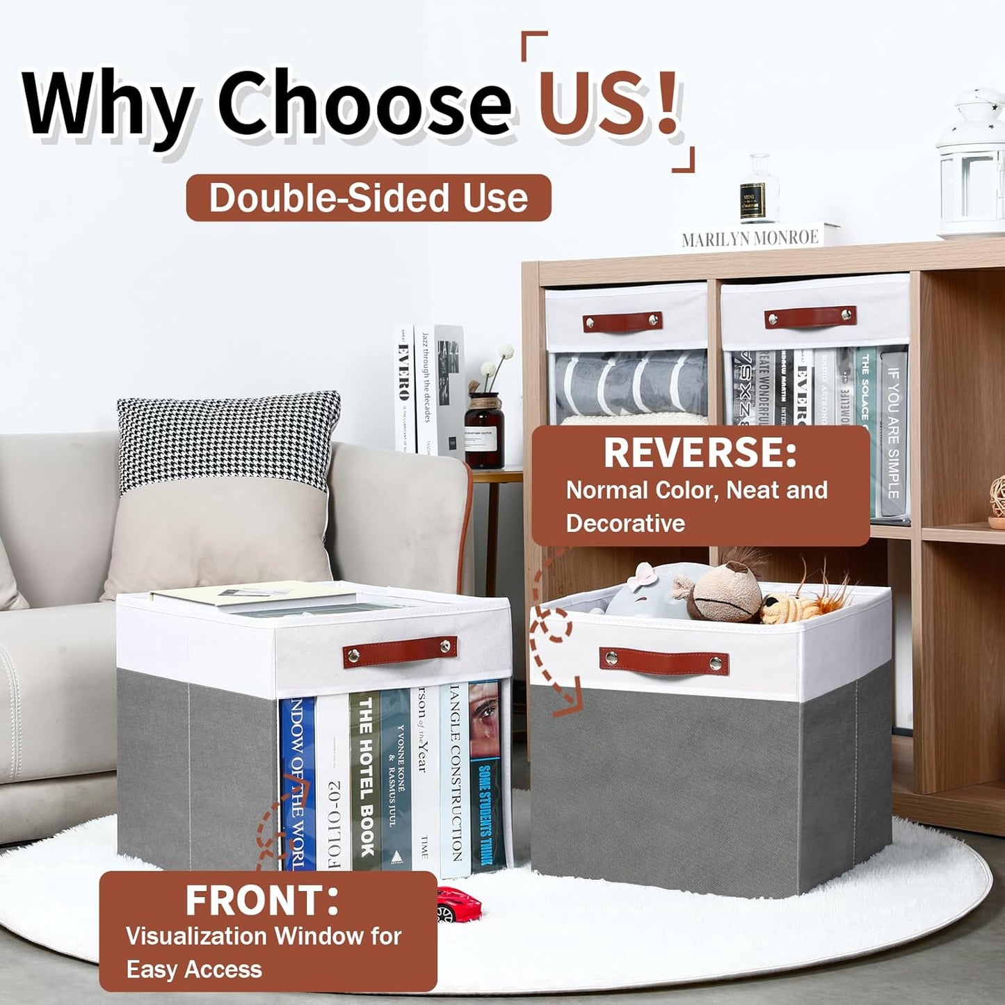 HNZIGE Fabric Cube Storage Bins - 4 Pack 13x15x13 Collapsible Storage Cubes for Organizing Shelves, Closet, Pantry - White, Gray